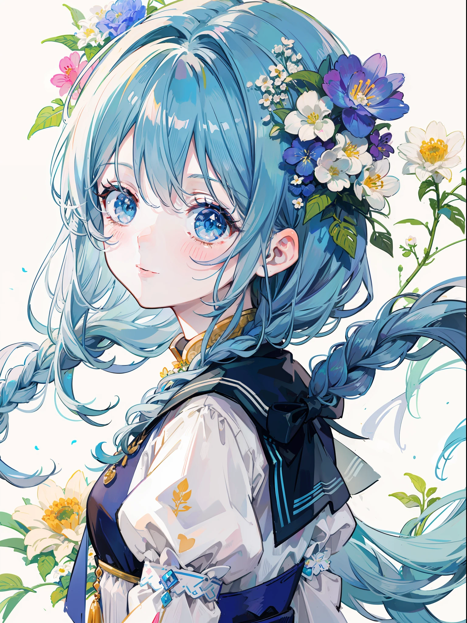 Background overflowing with many flowers、Close up portrait of smiling woman looking back。There are also many flowers in the hair of the braid。Cute illustrations full of happiness、Floral background、Extremely high quality、high-level image quality、Extremely delicate drawing。Rarely seen workmanship