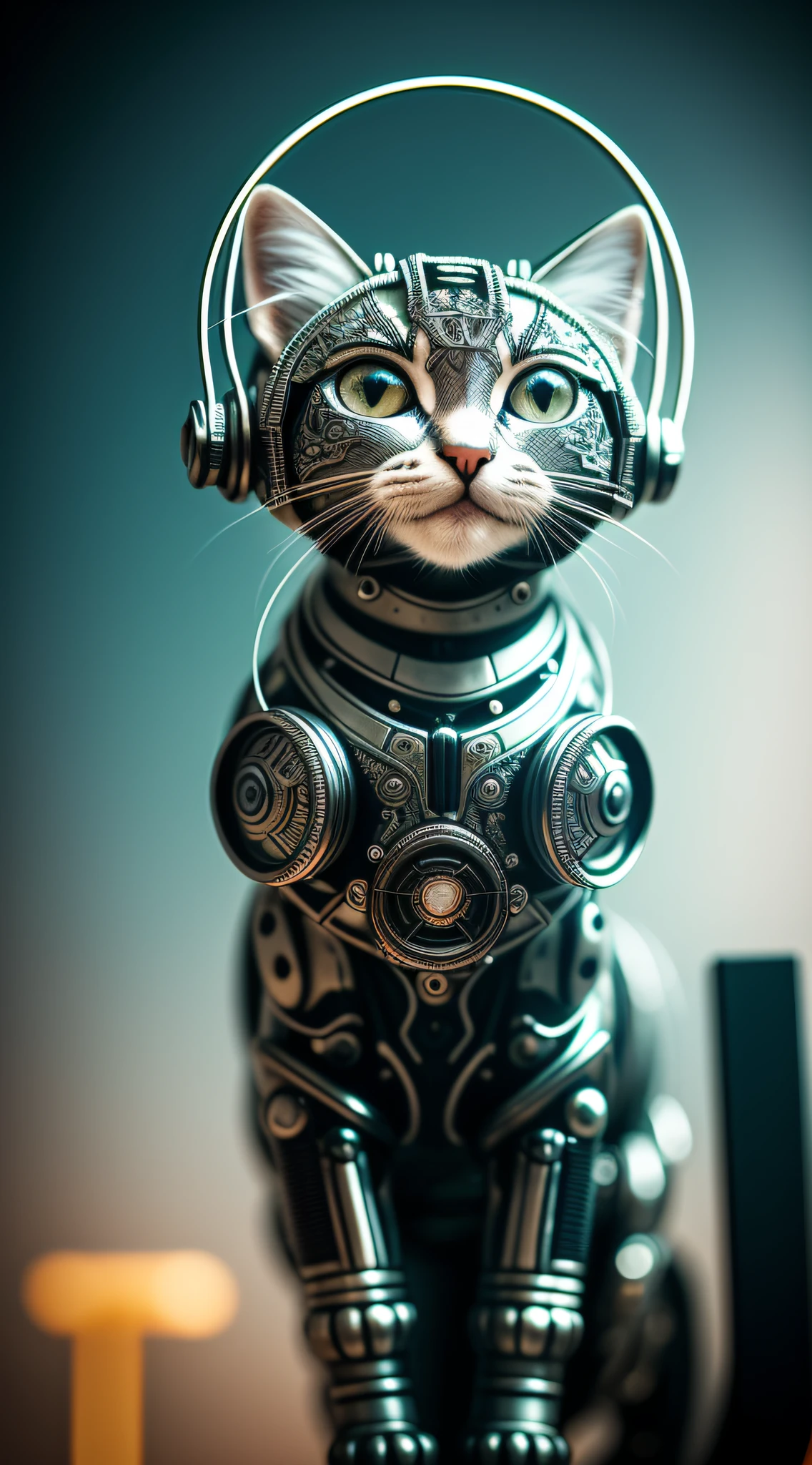A cute kitten made of metal, (cyborg:1.1), ([tail|detailed wire]:1.3), (intricate detail), hdr, (intricate detail, hyperdetailed:1.2), cine lens, halo shadows , centered