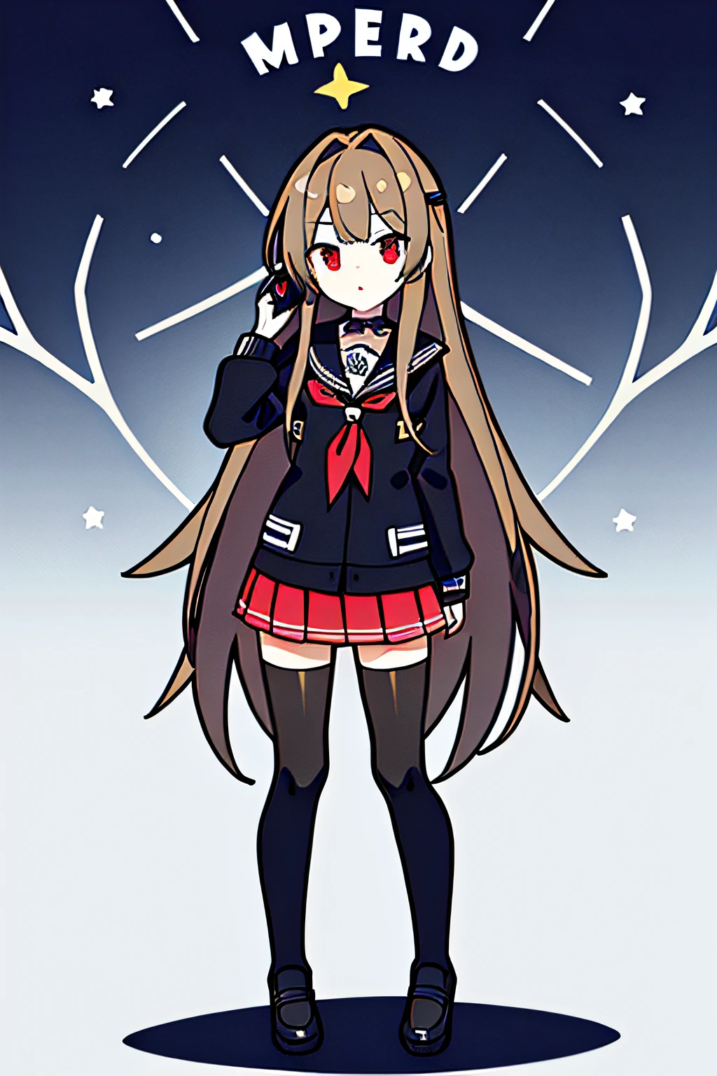 Masterpiece, highest quality, anime girl in a skirt and headphones with a gray background, single character full body, anime styled 3d, anime full body illustration, full body single character, anime vtuber full body model, anime style character, render of a cute 3d anime girl, 3d anime girl, 1 7 - year - old anime goth girl, crown, long hair, bangs, brown hair, school uniform, gloves, black choker, red eyes, star (symbol), symbol-shaped pupils,