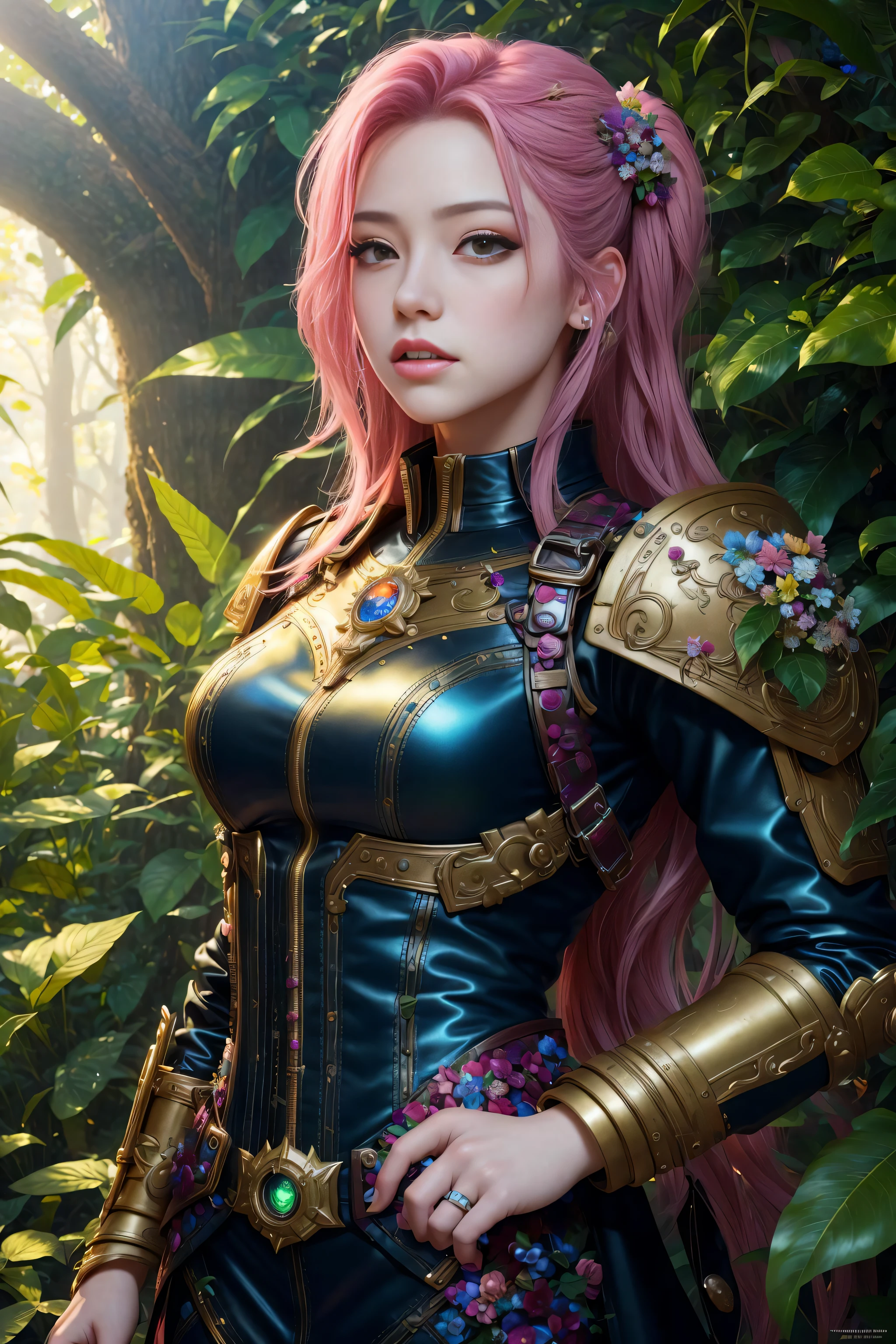 ChromaV5, nvinkpunk,(extremely detailed CG unity 8k wallpaper), An Landscape of a majestic jungle surrounded by lush pink foliage, award winning photography, Chromatic Aberration, Detailed , HDR, Bloom,majestic oil painting by , Thomas Cole, Frederic Church, and Albert Bierstadt ,trending on artstation, trending on CGsociety, Intricate, High Detail, dramatic, art by midjourney, ulzzang-6500-v1.1,(raw photo:1.2), (photorealistic:1.4), beautiful detailed girl, extremely detailed eyes and face, beautiful detailed eyes,absurdres, incredibly absurdres, huge filesize , ultra-detailed, highres, extremely detailed,best quality ,masterpiece, illustration, an extremely delicate and beautiful, extremely detailed ,CG ,unity ,8k wallpaper, Amazing, finely detail, masterpiece,best quality,official art,extremely detailed CG unity 8k wallpaper, light on face, cinematic lighting
