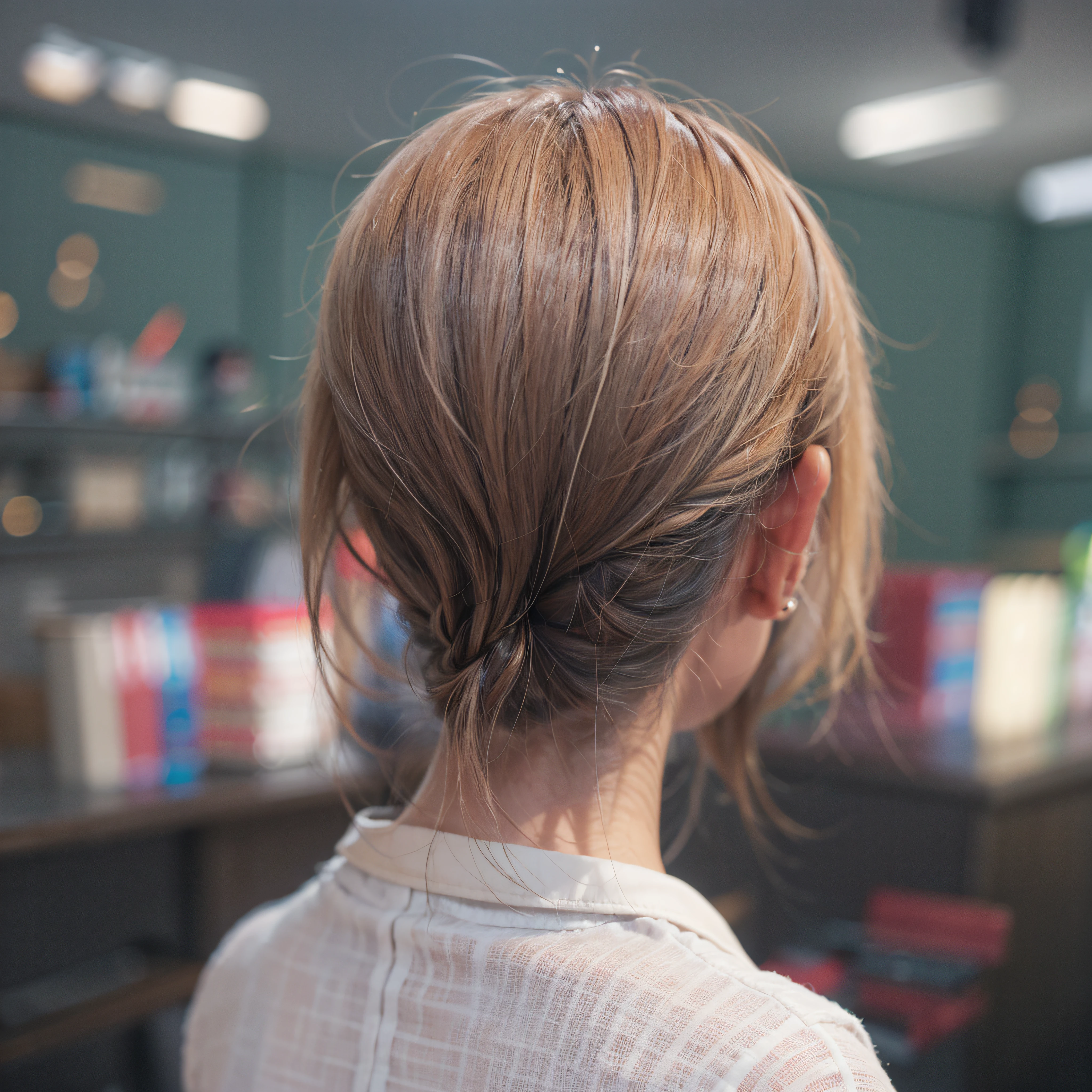 asymmetrical hair, hair behind ear, colored inner hair, eyebrows behind hair, longeyelashes, cross-eyed, Surrealism, depth of field, first-person view, from behind, UHD, UHD, retina, anatomically correct, ccurate, textured skin, super detail, high details, high quality, best quality, 16k, highres