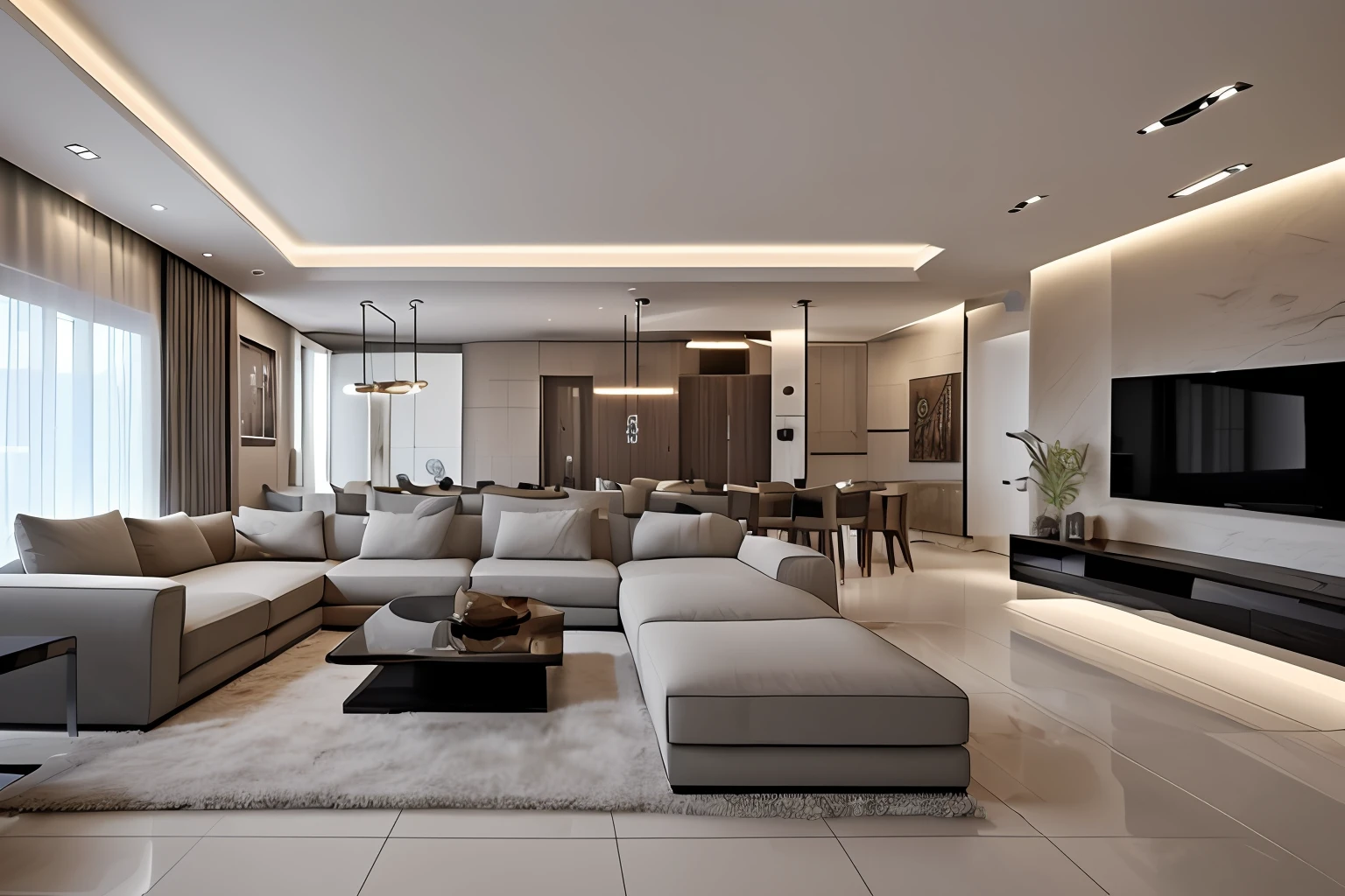 (Masterpiece),(High quality), Best quality, Real,(Realistic), Super detailed, (fulldetail),(4K),8K,Big space，Modern minimalist style，inside in room，Living room and dining room，large couch，Open plan kitchen，greys --auto