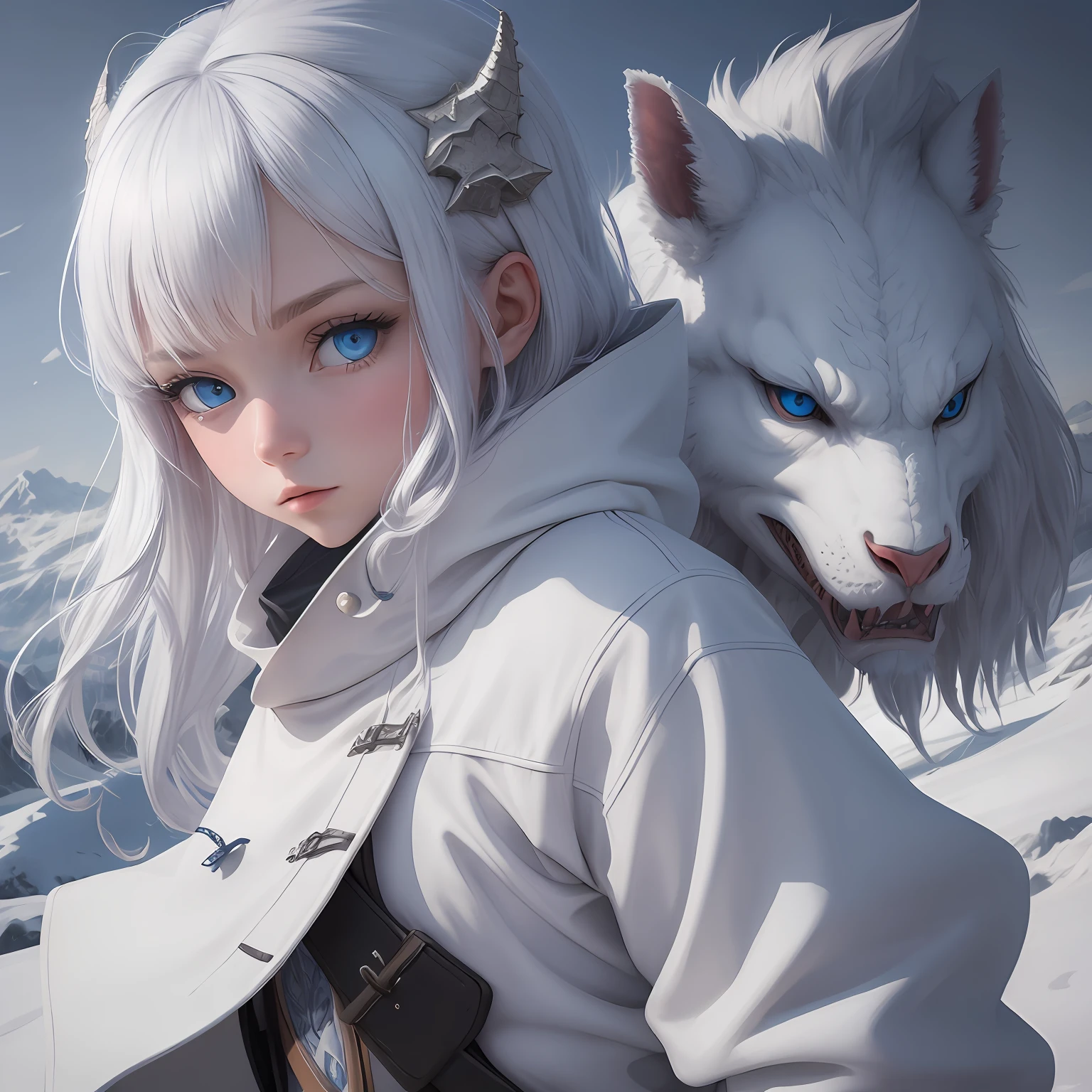 whaite hair，Manteau blanc，blue color eyes，teens girl，on a snowy mountain，There is a western dragon behind him， --auto