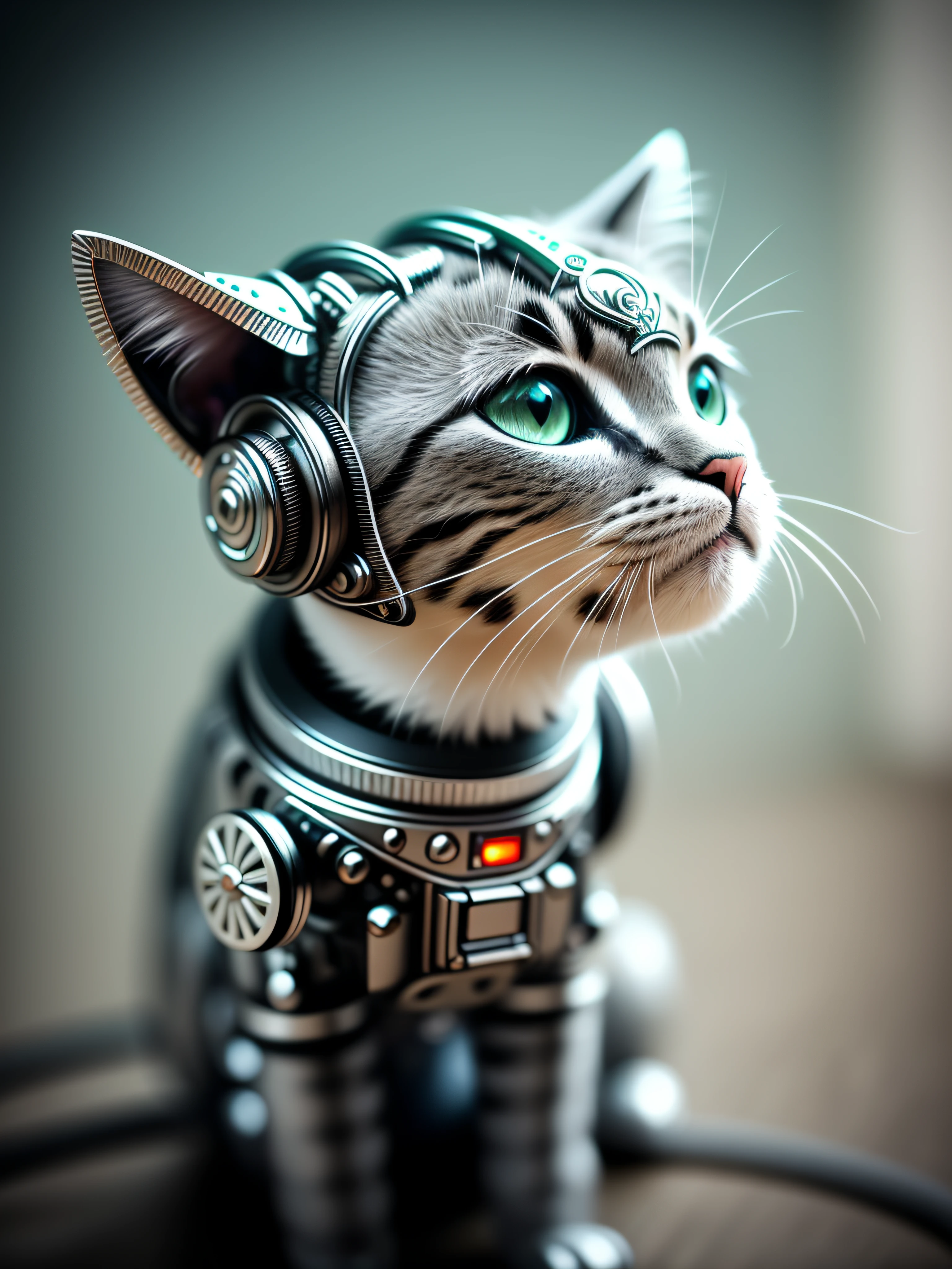 a cute kitten made out of metal，(cyborg:1.1)，([tail | detailed wire]:1.3)，(Complicated details)，hdr，(Complicated details，hyperdetailed:1.2)，Cinema lenses，trpical garden，at centre，Facing the lens