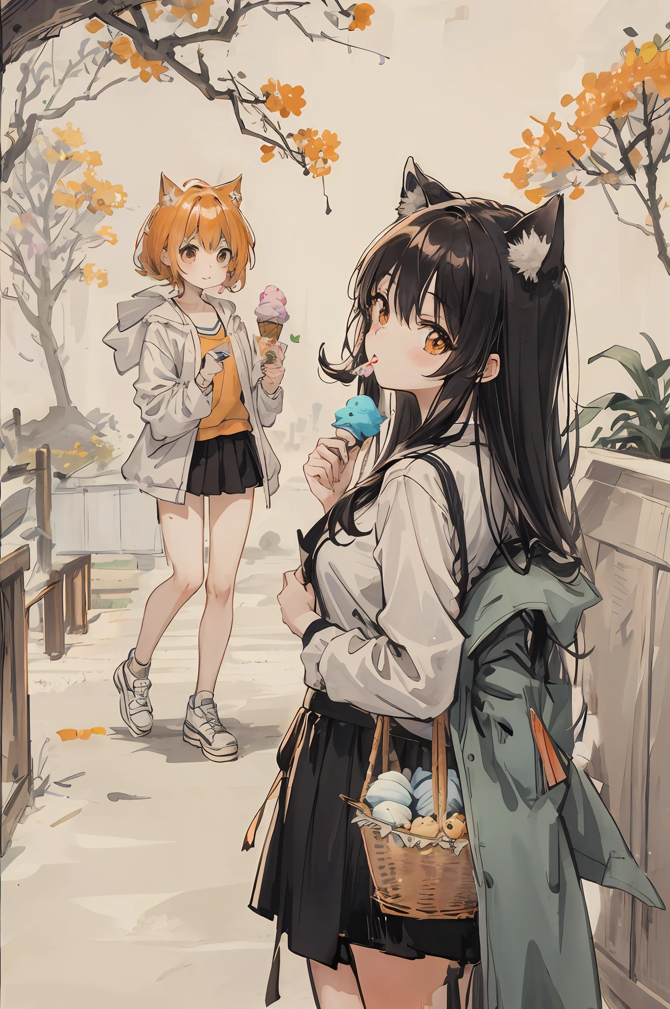 To the girl's left is the orange puppy，Above is the lower extension of the basket，Below is the black skirt，