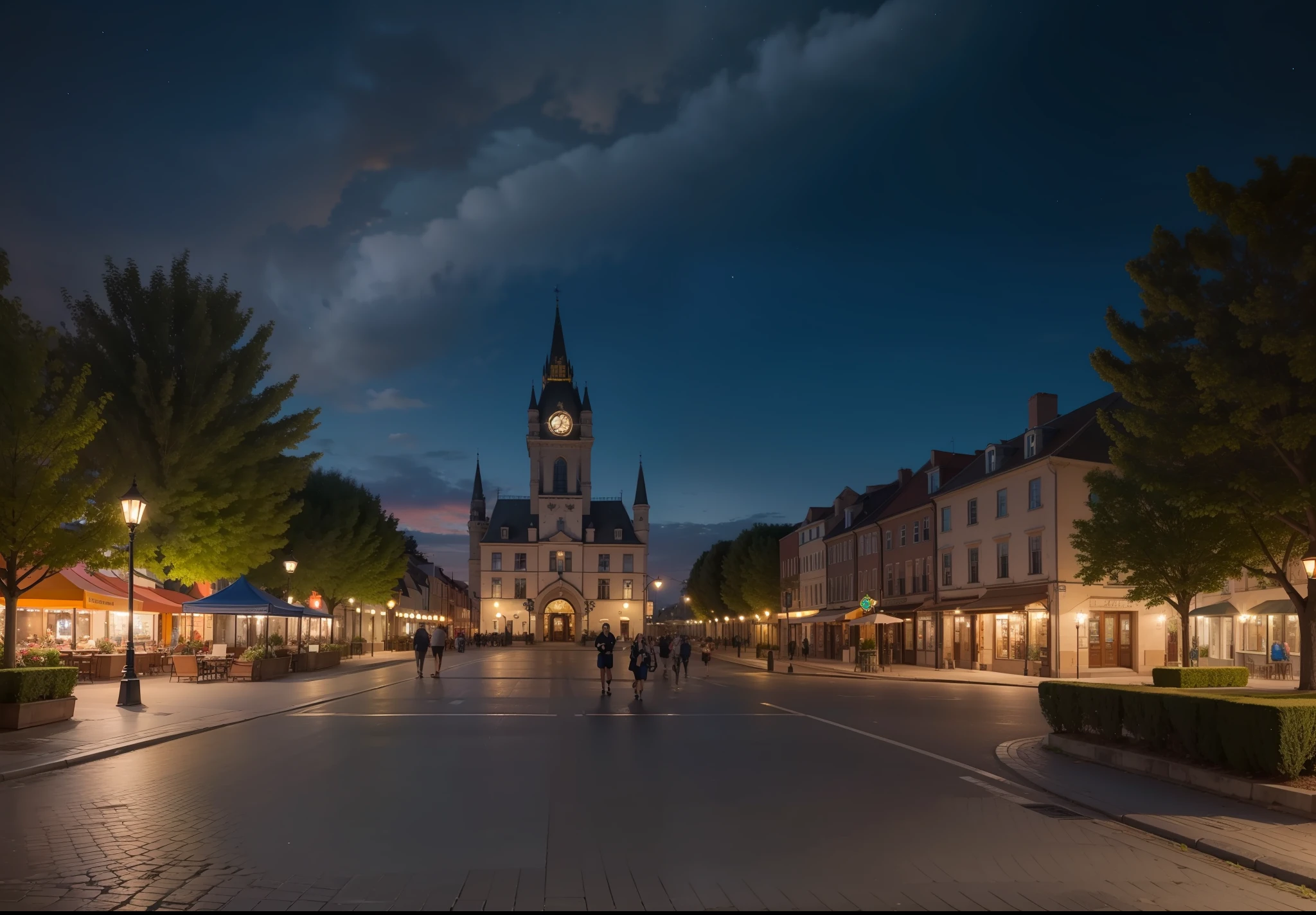 Small town square, noite escura, 8k, maximum detailed, high quality