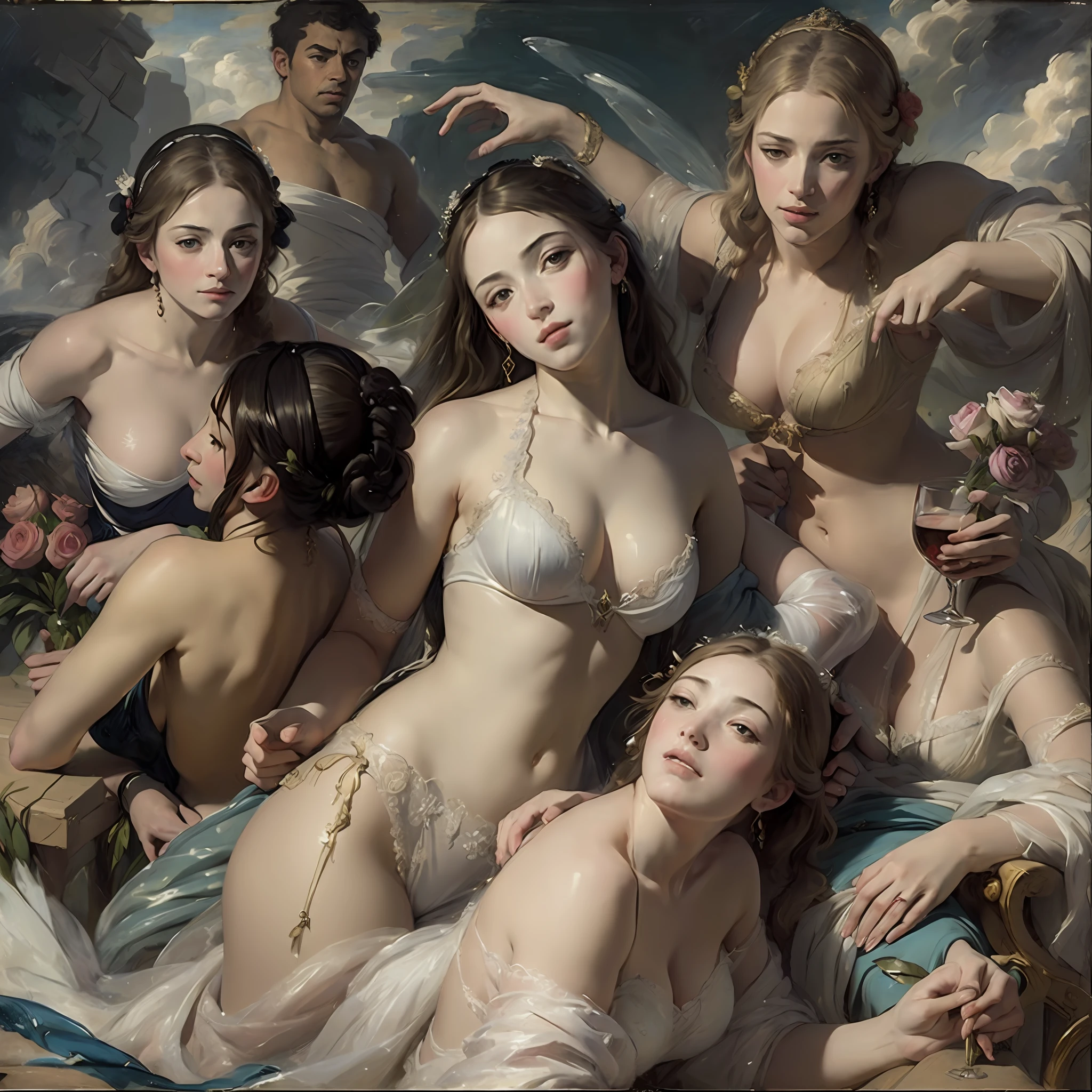 (masterpiece, high-quality), hyper-realism, Caravaggio-style, 8k Renaissance oil painting masterpiece, La Naissance Vénus (1879) by William-Adolphe Bouguereau style, Baroque aesthetics, Venus de Botticelli, demons and angels, renaissance art style. (style: The_Rap_of_the_Daughters_of_Leucippus_de_Peter_Paul_Rubens.),(style: Godfrey_Kneller_em_1689.),high resolution,painterly, Baroque style, chiaroscuro, dynamic composition, dramatic lighting, rich colors, detailed texture, divine expression, religious scene, floating scene --s3