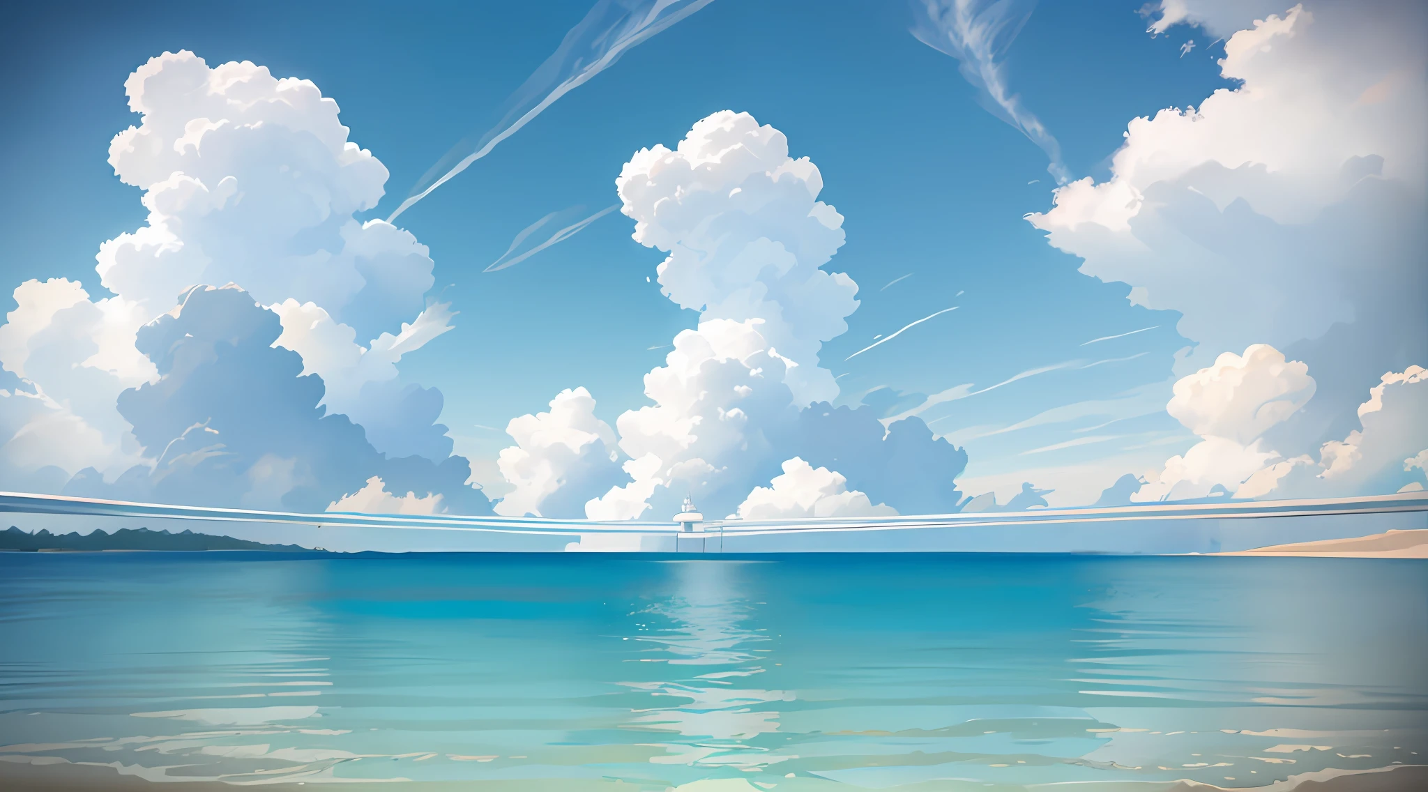 no humans, scenery, vanishing point, from below, masterpiece, best quality, 8k, absurdres, water surface, summer, noon, sunlight, blue sky, perspective, depth of field, highres, finely detail, ultra-detailed, sharp focus