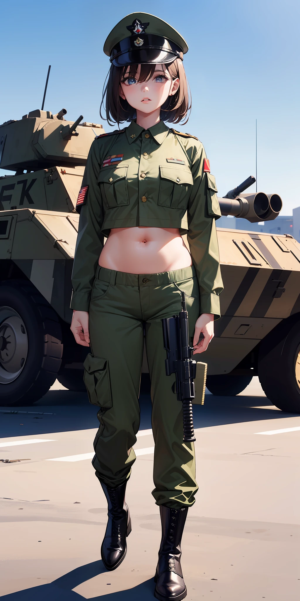 ((Masterpiece)), ((Best Quality)), ((HD 4K)), ((Best Anatomy)), 1 girl, pale skin, eyes, ear, nose, mouth, neck strap, shoulders, ((military long sleeve shirt)), shirt accessories, ((military pants)), pants accessories, ((military cap)), ((WWII)), arms, belly, legs, thighs, background scenery