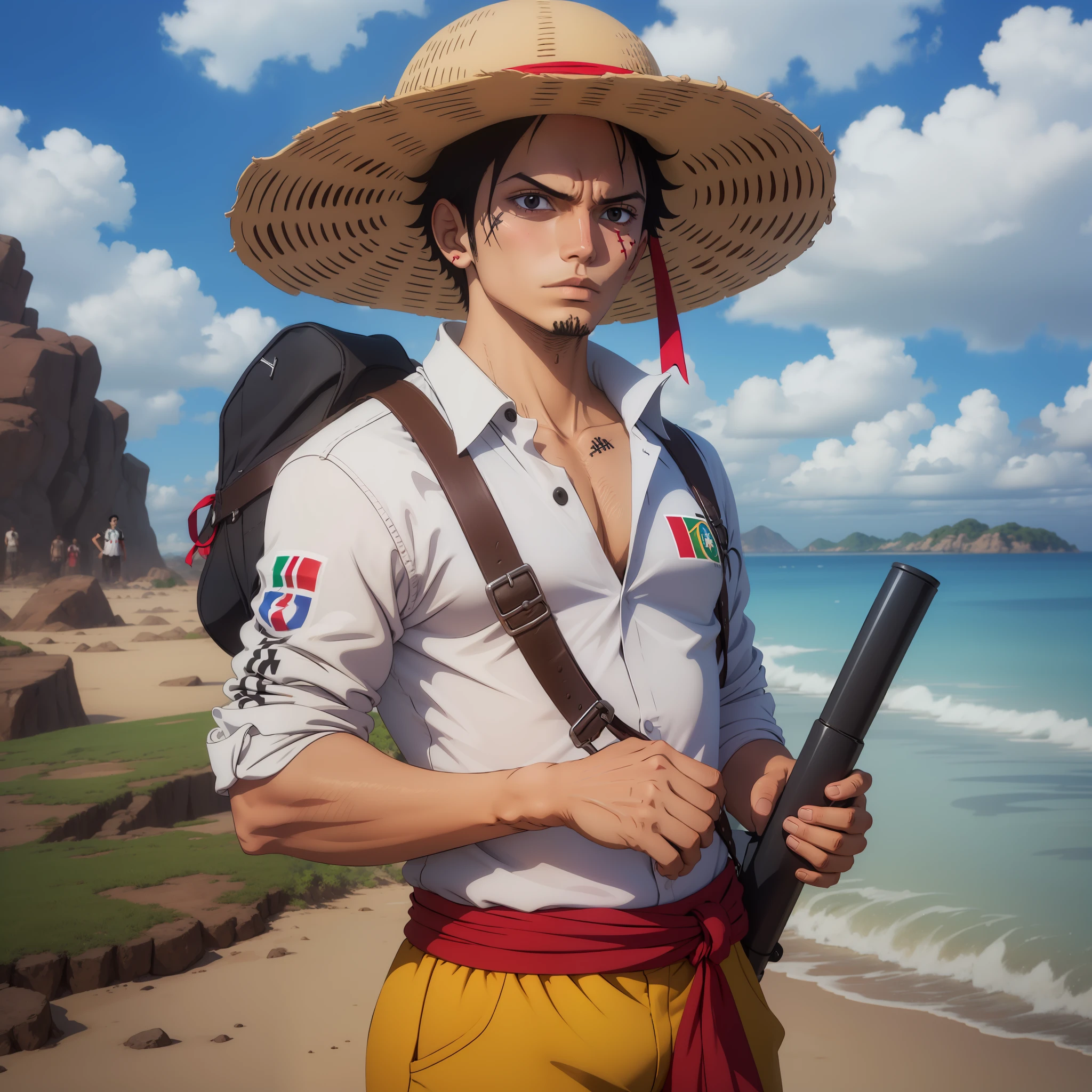 A man with a shirt of the Brazilian national team, black hair and straw hat with a red ribbon seeing crosses, He's looking at the horizon, rosto feliz