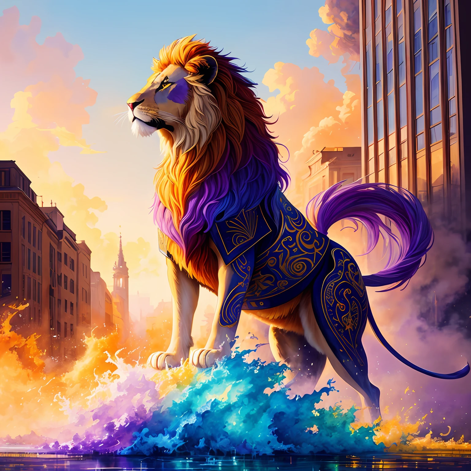 extremely stressed anime lion, drinking coffee in a building on fire in the background, masterful playing card border, random Colorful art, oil painting, blue yellow colors, light purple and violet additions, light red additions, intricate detail, splash screen, 8k resolution, masterpiece, artstation digital painting smooth veryBlack ink flow: 8k resolution photorealistic masterpiece: intricately detailed fluid gouache painting: by Jean Baptiste Mongue: calligraphy: acrylic: watercolor art, professional photography, natural lighting, volumetric lighting maximalist photoillustration: by marton bobzert:, complex, elegant, expansive, fantastical, vibrant
