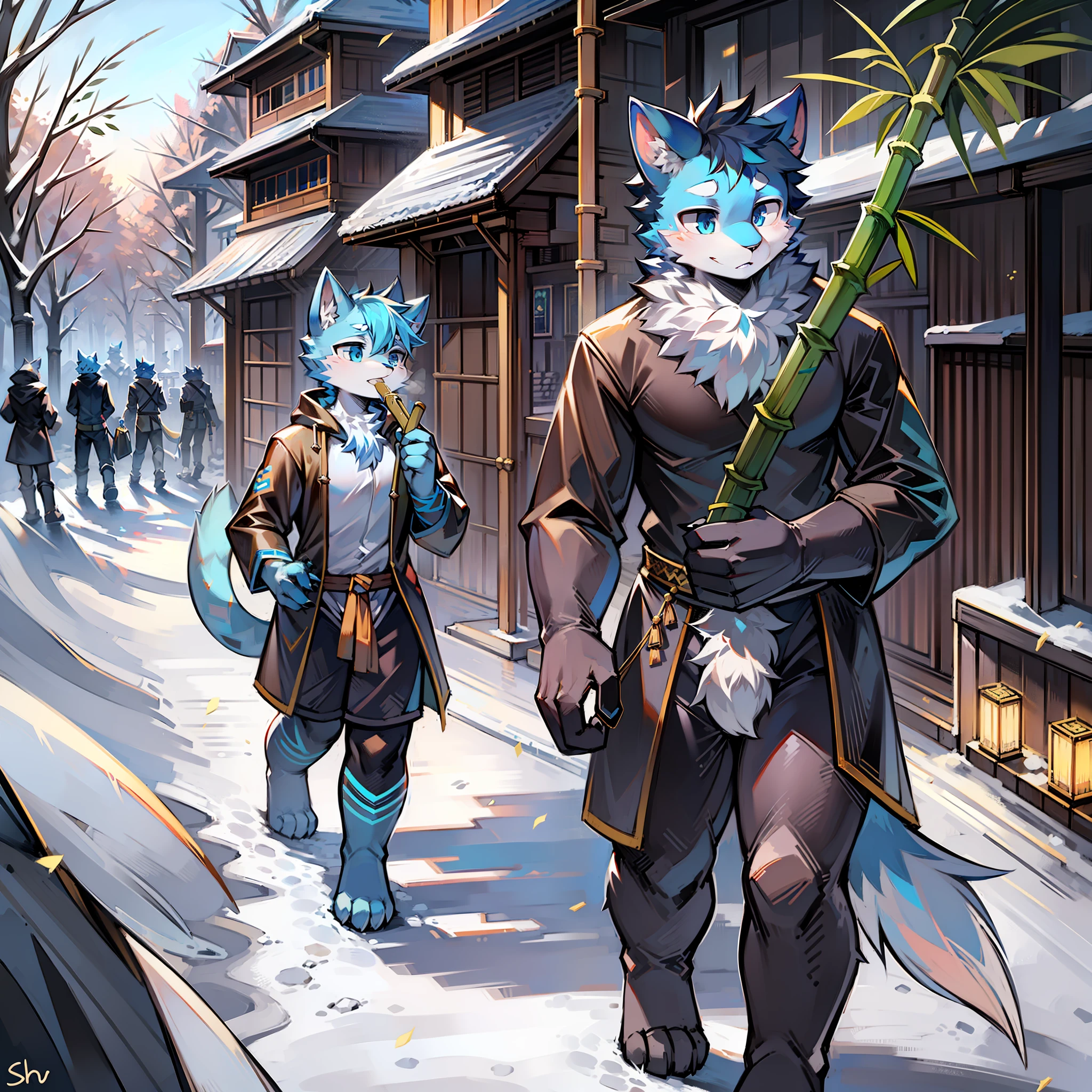 Male blue cat,Electronic right eye,Black Tang costume,Bamboo flute in hand,shoun,Walking in the snow