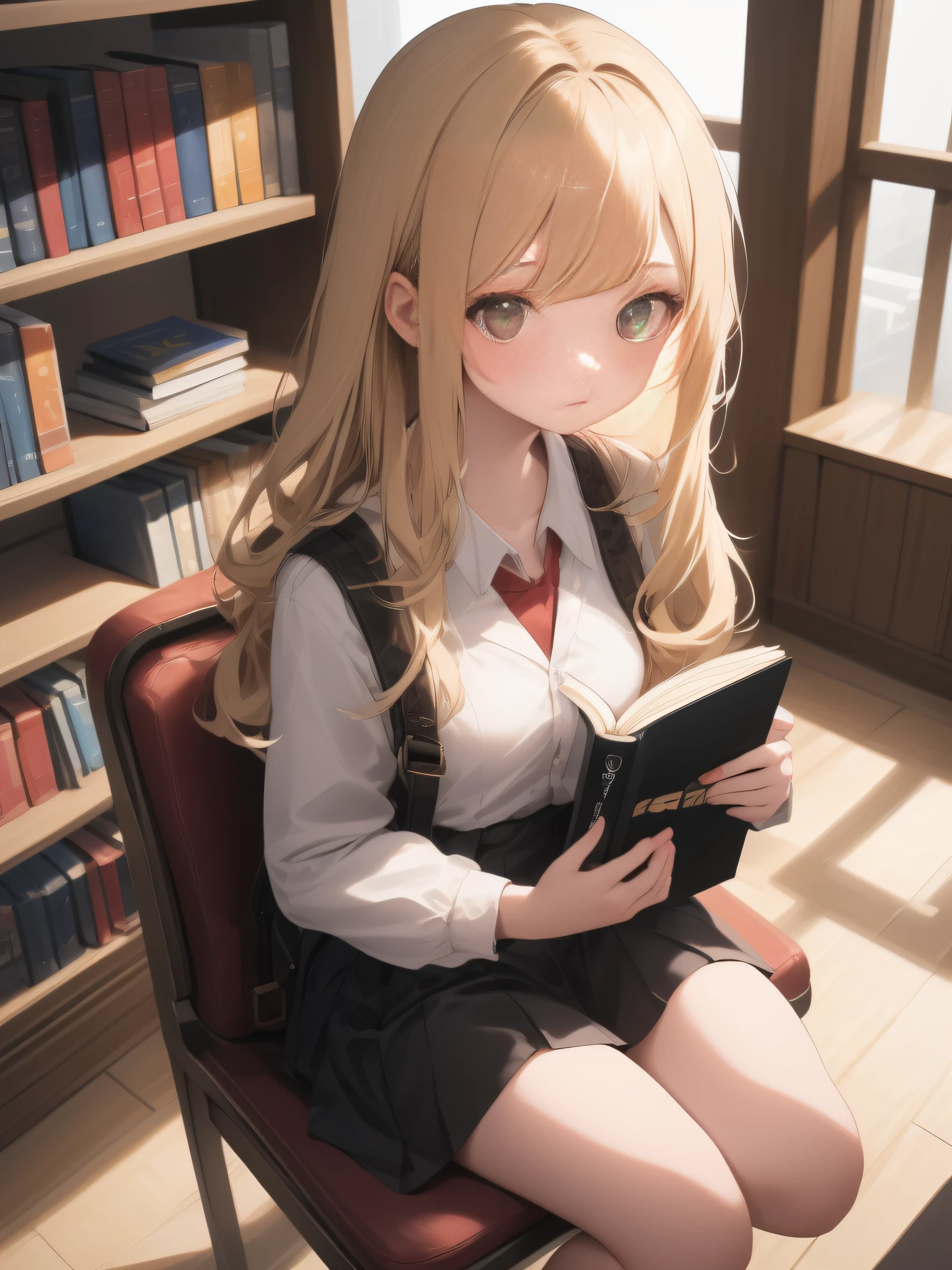 libraryai， Long blonde straight hair， Black eyes， 1girll， pupils， Carrying a school bag， ssmile， innocent， 100mm lens， （realisticlying， Lens glare：1.4），sit on chair， looking at book， 校服， （complexdetails：1.2），（tmasterpiece， ：1.3），（best qualtiy：1.4）， （超高分辨率：1.2）， 超高分辨率， （detailedeyes）， （detailedfacialfeatures）， HDR， 8K分辨率， （stethoscope）， farsightedness， Reflections on the floor， Low cut open cloth