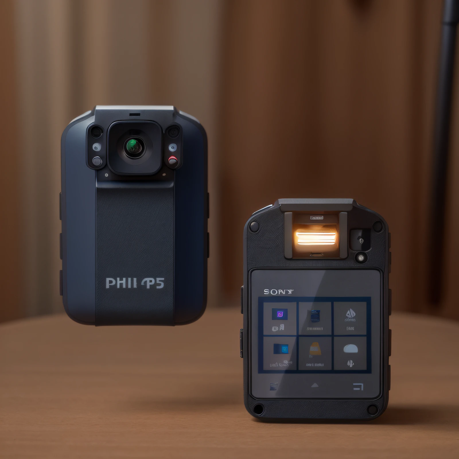 Close-up of body camera with screen(1.4)，In an indoor scene，There is a table，Books and stands，Navy and black combined，fotografia do produto，commerciaphotography，Photorealsitic，Complicated details，32K，telephoto lenses，Sony lens --AR 9:16--s 750 --g 2 --Style original