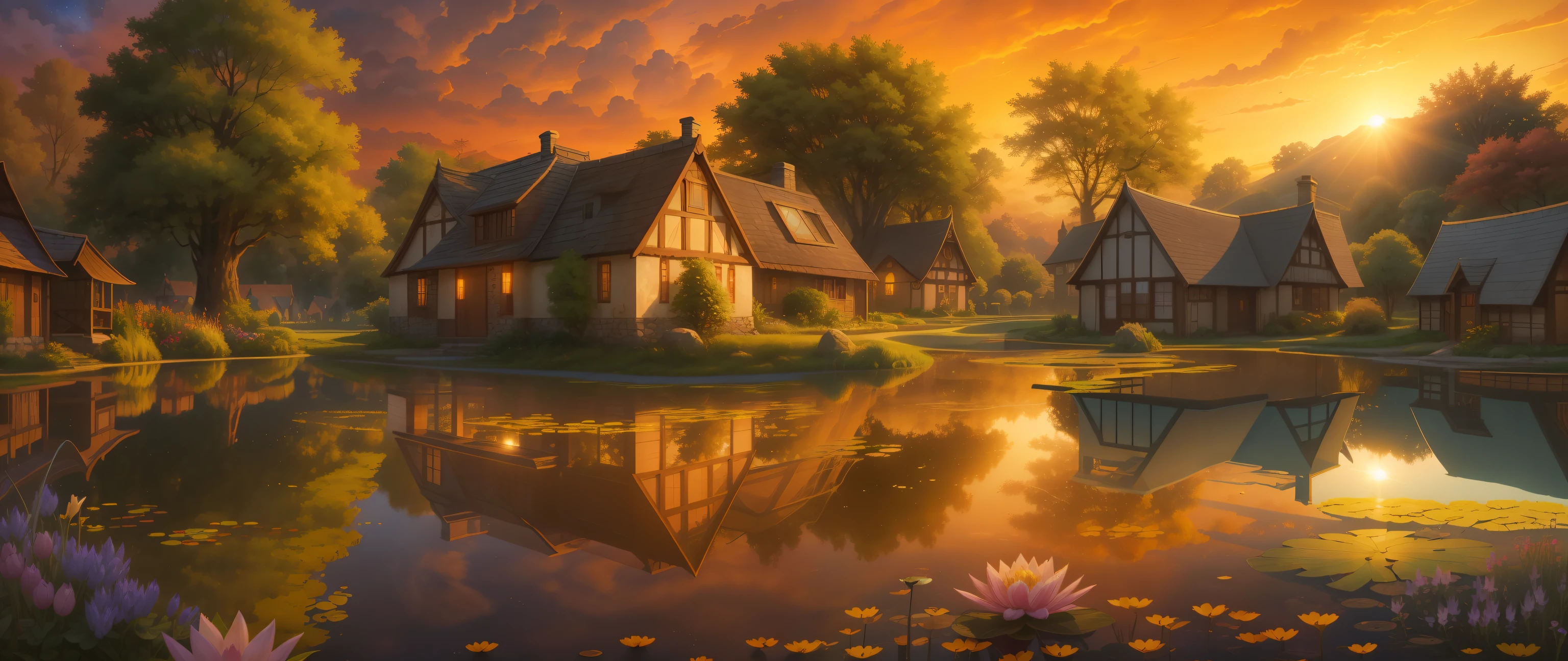 Sunset over a village pond , realistic and natural, detailed full-color, hd photography, fantasy by john stephens, galen rowell, david muench, james mccarthy, hirō isono, magical, detailed, gloss, beautiful, radiant, colorful, golden hour, cosmic, sunny, vapor, vibrant, flickering light
