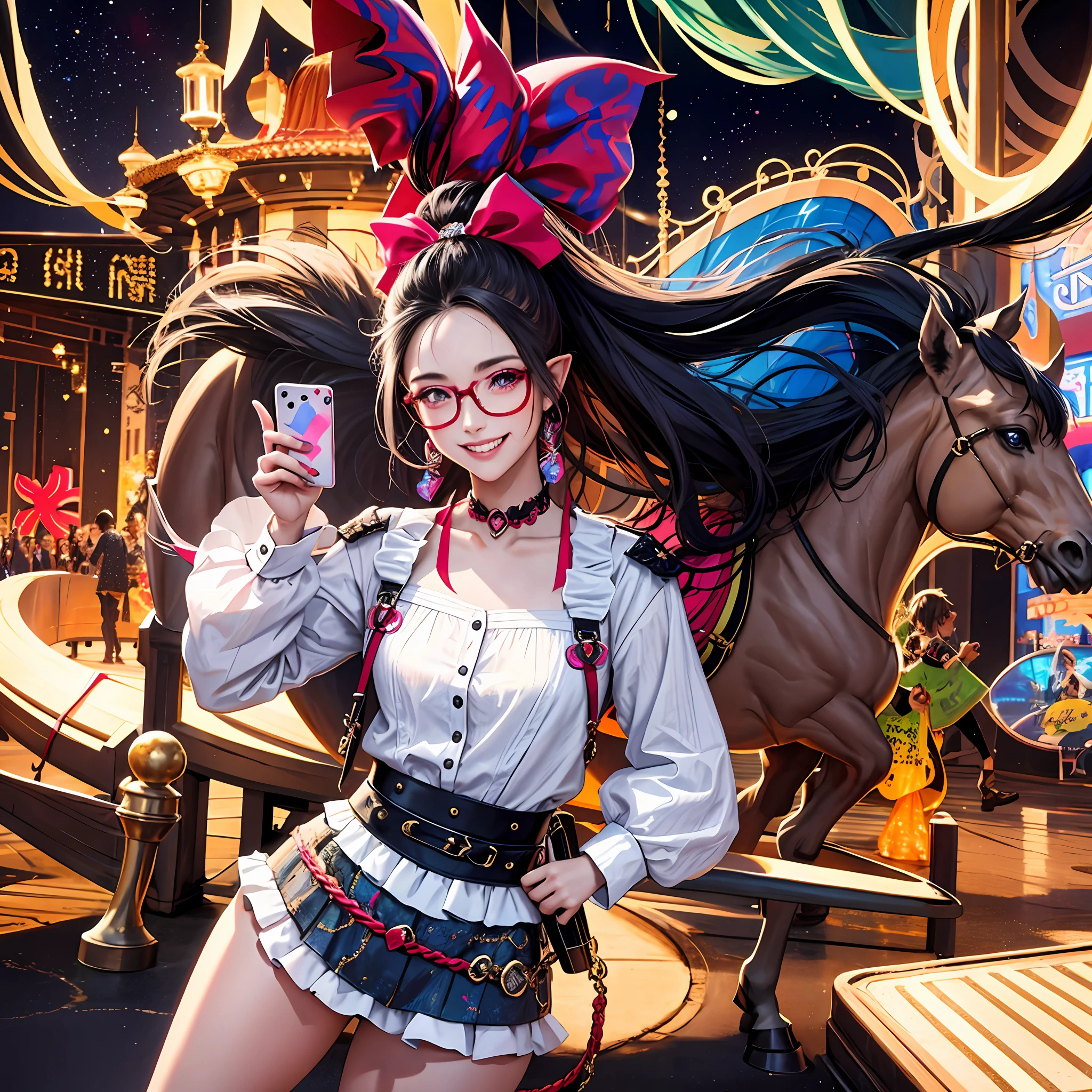Beautiful woman holding mobile phone playing in playground、carousel horses、braidedponytail, facepaint, wears glasses, Heart-shaped pupils, Pointy ears, grin, Evil smile, Anime, Fuji colors, projected inset, Perspective, hyper HD, Masterpiece, ccurate, Super detail, High detail full body