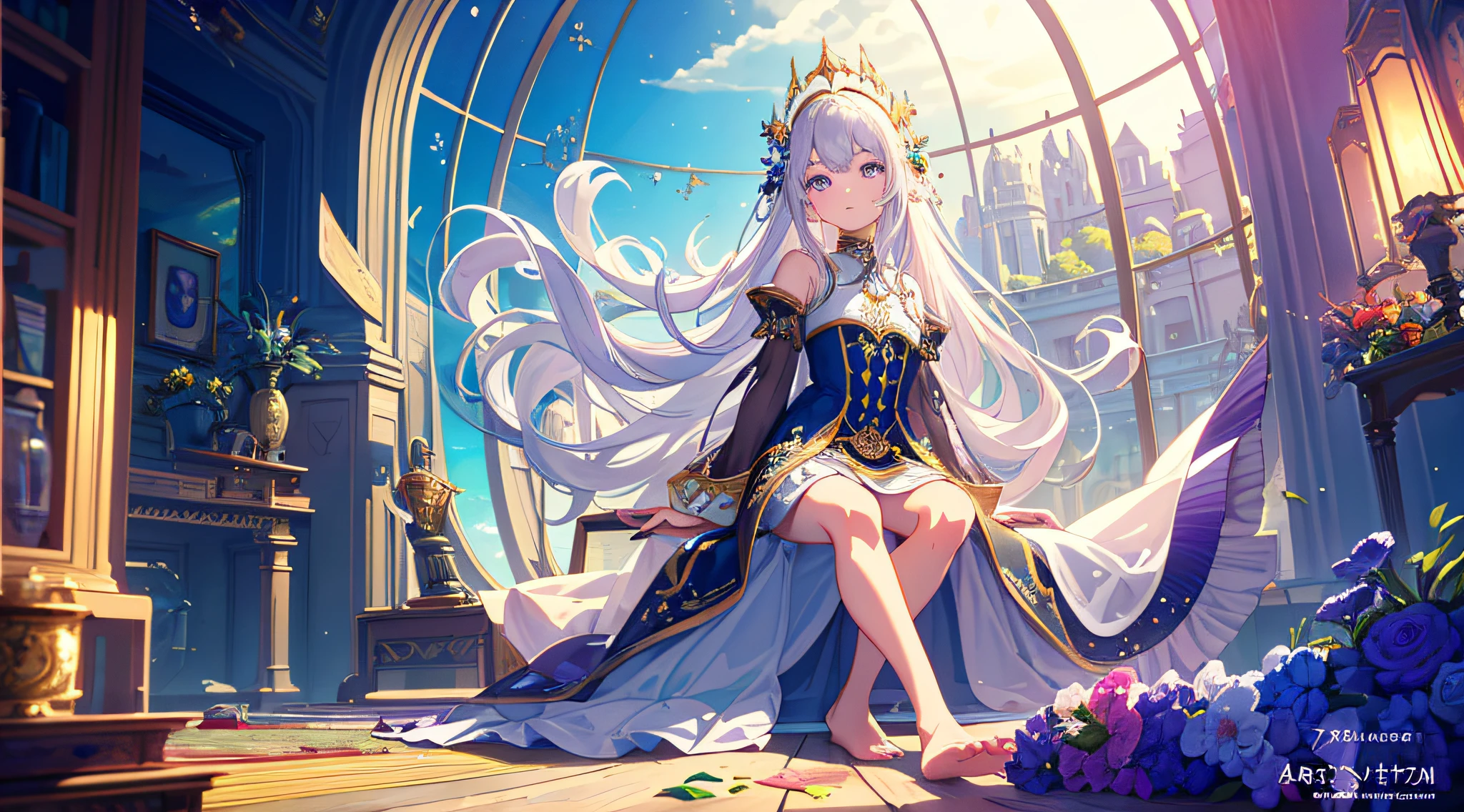 [(Transparent background:1.5)::5],(((Masterpiece))),(((Best quality))),(((Extremely detailed))),illustration, 1girll,Solo,mysterious,vivd colour,Shiny, Underwater transparent sealed hemispherical glass dome, (White hair),(Purple eyes), full body,Barefoot,Long hair tranquility nature, Koi,Underwater, Dome,Close up,Dynamic actions,Lens perspective,(((Box composition))),sitting cross-legged，Leaning against the bookshelf, voluminetric lighting, multi colored eyes, Detailed eyes, ultra - detailed,Light smile, Highly detailed, Beautiful, small detailed, Ultra detailed, Best quality, Intricate, 4K, 8K, trending on artstationh, Good anatomy, Beautiful lighting, Award-winning,