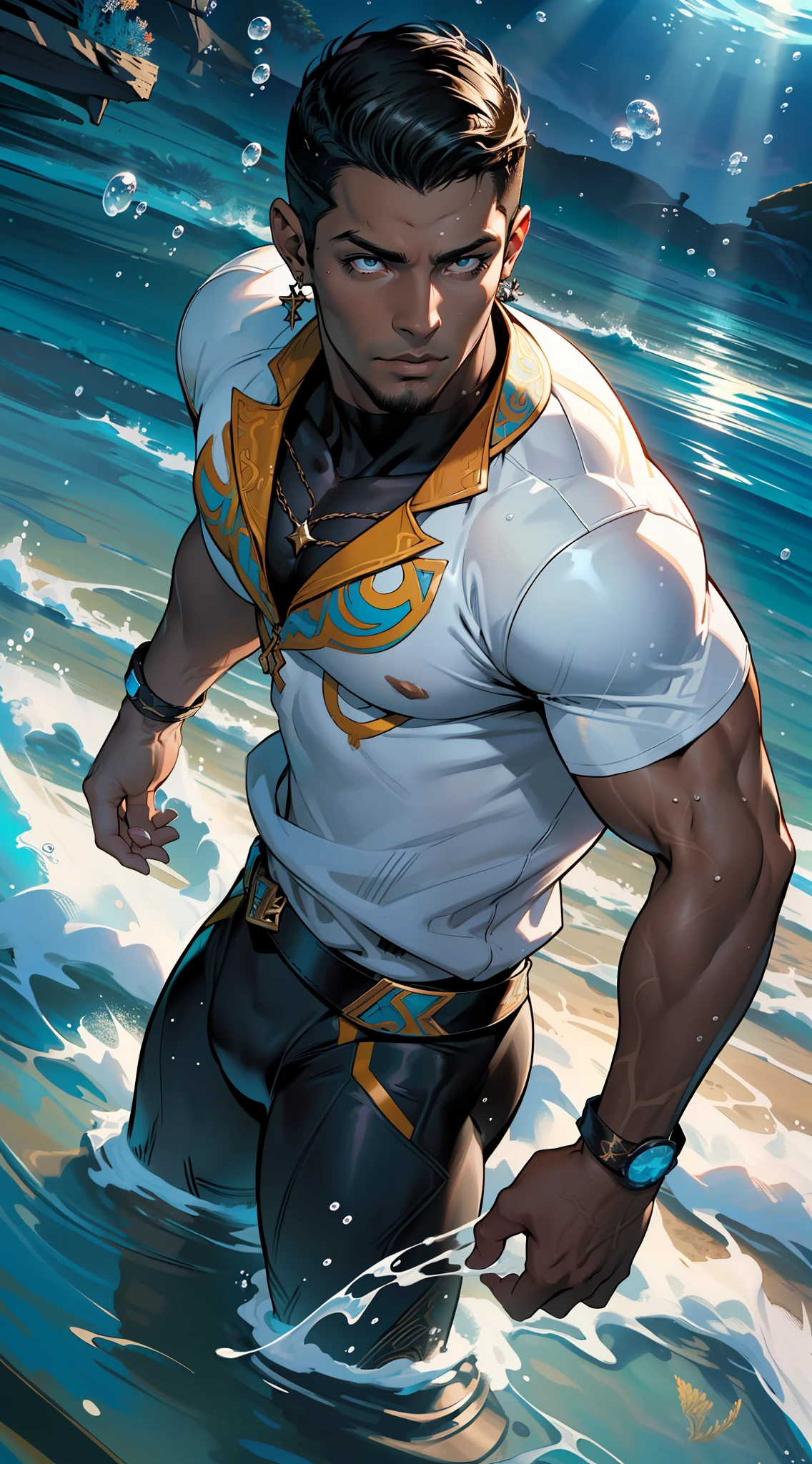 homem negro, vestindo terno branco, ((Estilo: Jim Lee)), Comics, ultradetalista, detalhes, disco Rigido, 8k, (((sem mascara))), ((((cor da pele: negra)))), (((underwater: 1.4))), (por do sol: 1.5), na floresta, cena inferir, Panoramic photography.