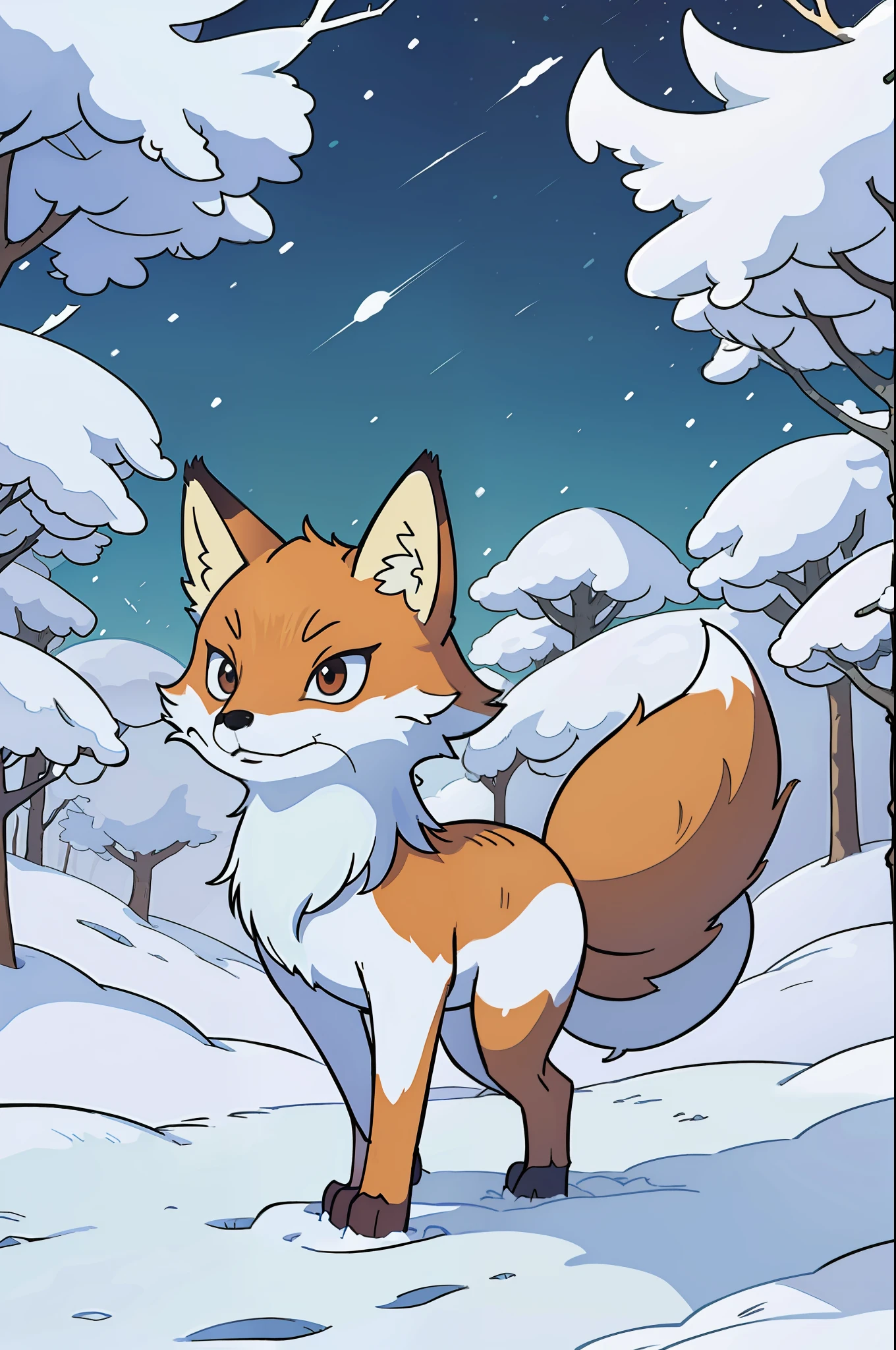 Fluffy fox in a snow forest, 2d cartoon style