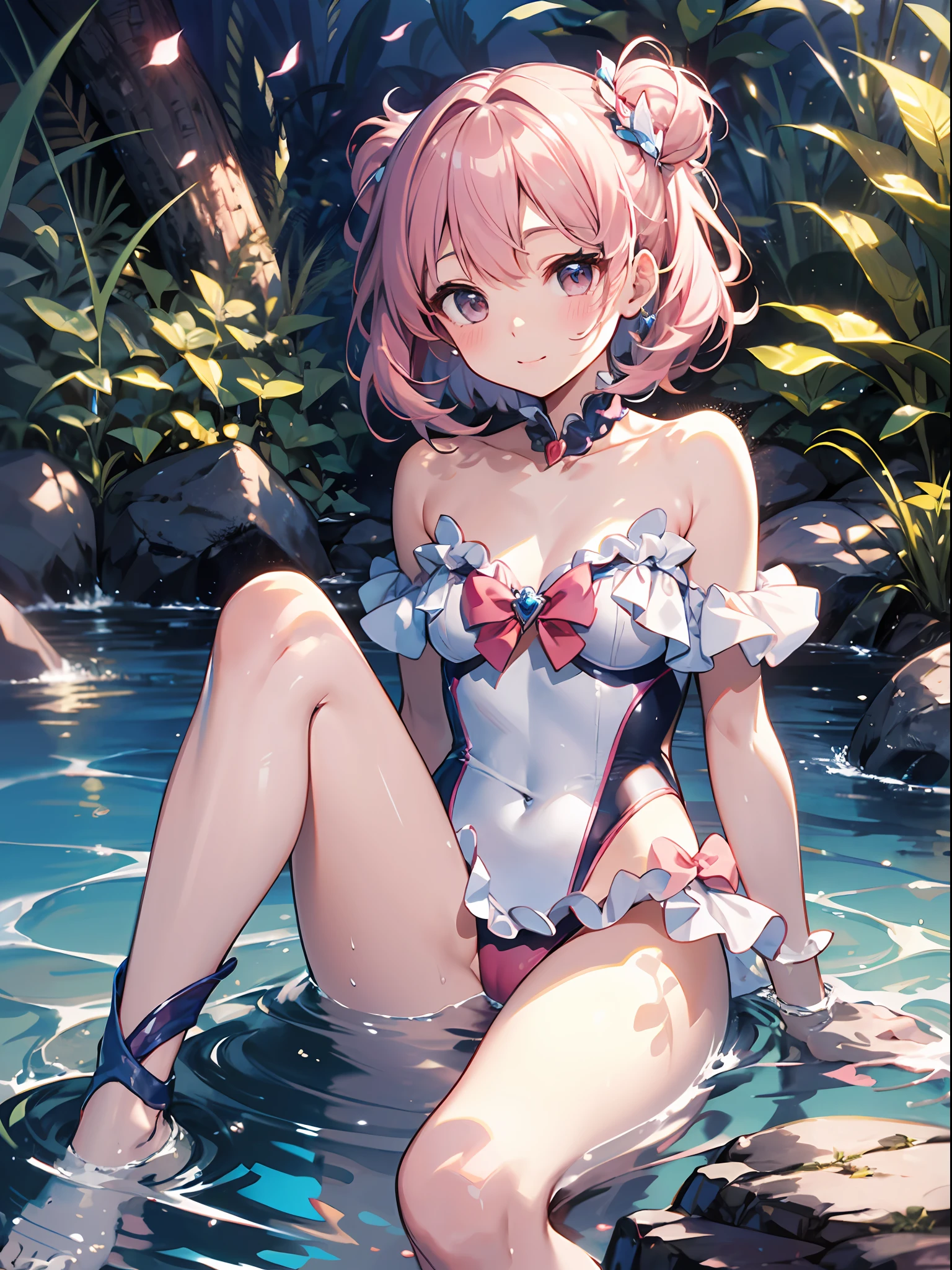 high-level image quality、top-quality、Detailed drawing、Does not blush cheeks、Slender beauty、Docile、AS-Adult、Little Mermaid、Sailorsk swimsuit、knee high、Niso、Small eyes、Smaller chest、Jump cheerfully、Contrasty、very short pink short hair、Holding your knees