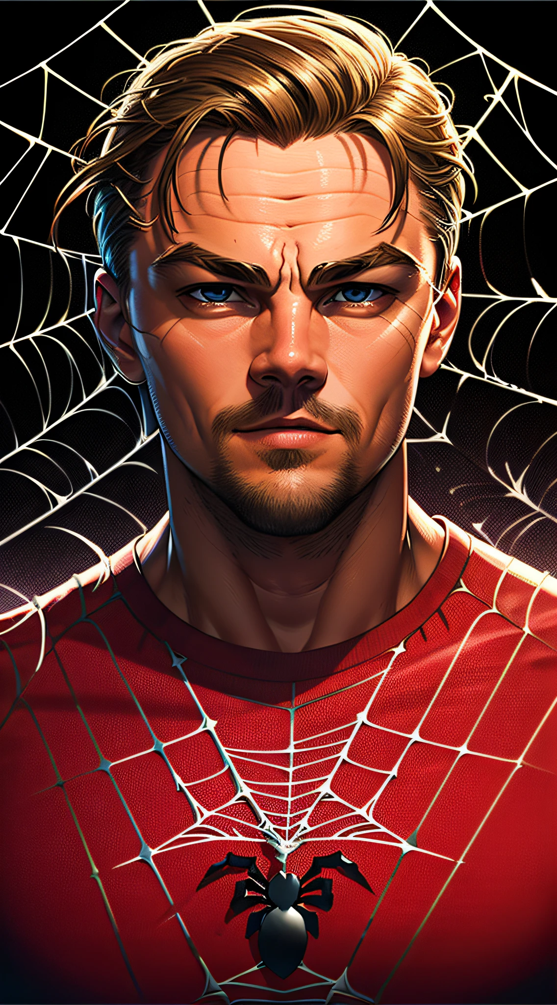 (Arte digital premiada: 1.3) por (esquete: 1.3),(Energetic:1.3), Leonardo DiCaprio placeholder image,CGSetnation,art-station,(saturado:1.3),(Close portrait:1.3),(macho:1.4),(Handsome:1.4 ), (atraente: 1.3), Handsome, Calendar pose, olhos perfeitamente detalhados, studio lighting, Spider web themed background --auto
