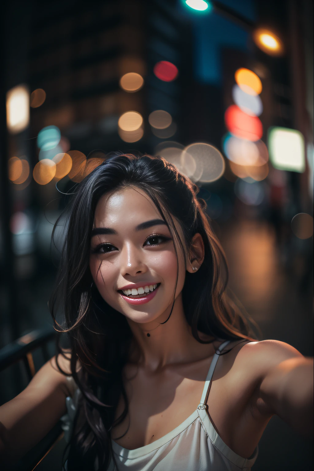 1girl, idol, model, depth of field, photo, film, face, skinny, smile, collarbone,  teeth, movie, camisole, selfie, night,