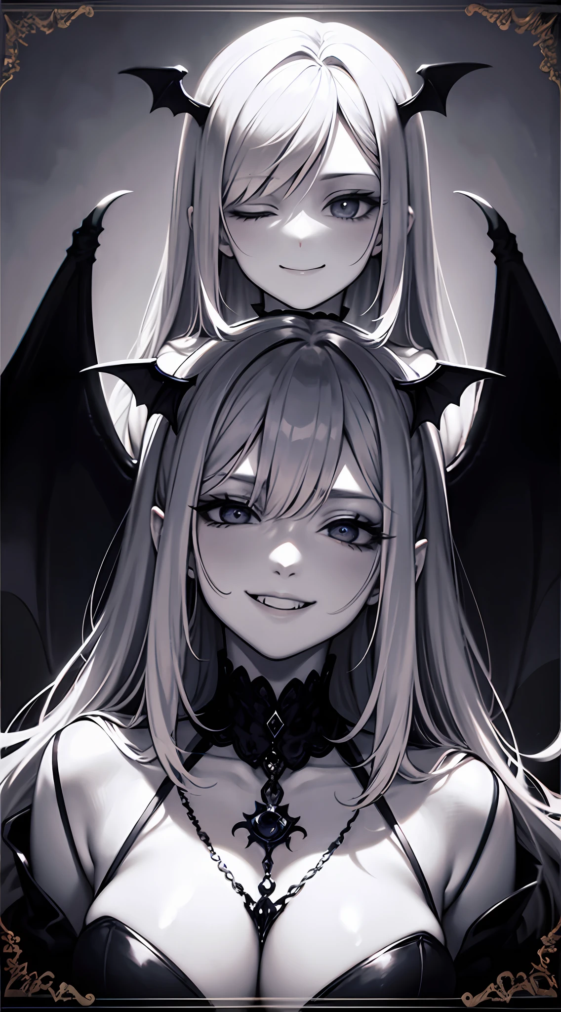 tmasterpiece，Evil smiling vampire portrait，Evil countenance，Three eyes，eye closeds，Black and white bat wings，A frame eroded by darkness and light