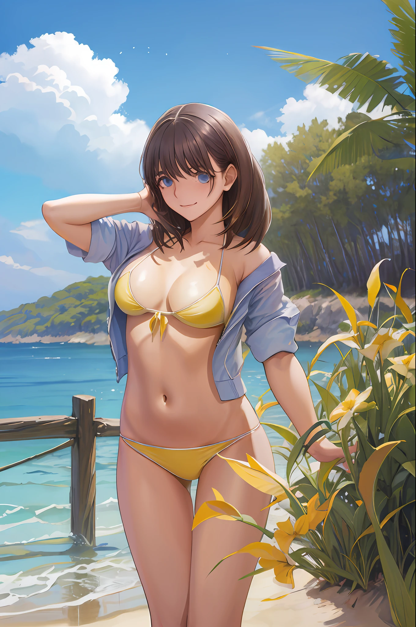 ((masutepiece)), ((Best Quality)), (Ultra-detailed), ((Extremely detailed)), 4K, (8K), Best Quality, (((Cowboy Shot))), (Beautiful), ((smil)), girl, Solo, (((Beautiful eyes:1.5))), blush, Best Quality, High resolution, 1girl in, Middle hair, (((Large breasts))), Bangs, Purple eyes, Brown hair, (((Yellow Bikini))), ((Beautiful sea)), On the beach,