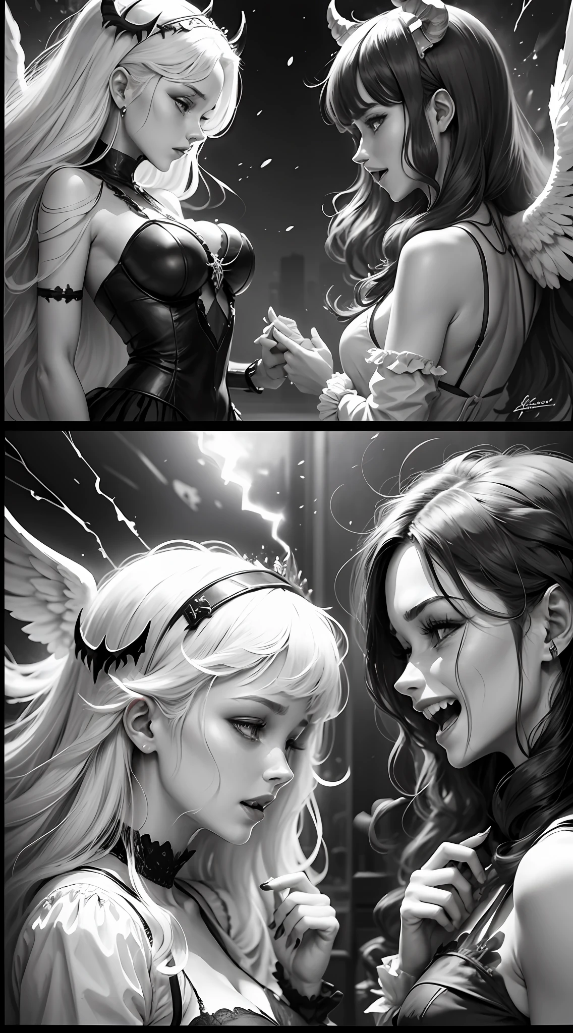 tmasterpiece，Black and white angels and demons，good vs evil，The two sides are opposed，The demon laughed maniacally，Angels are peaceful and calm，Anime comic style，8K --auto