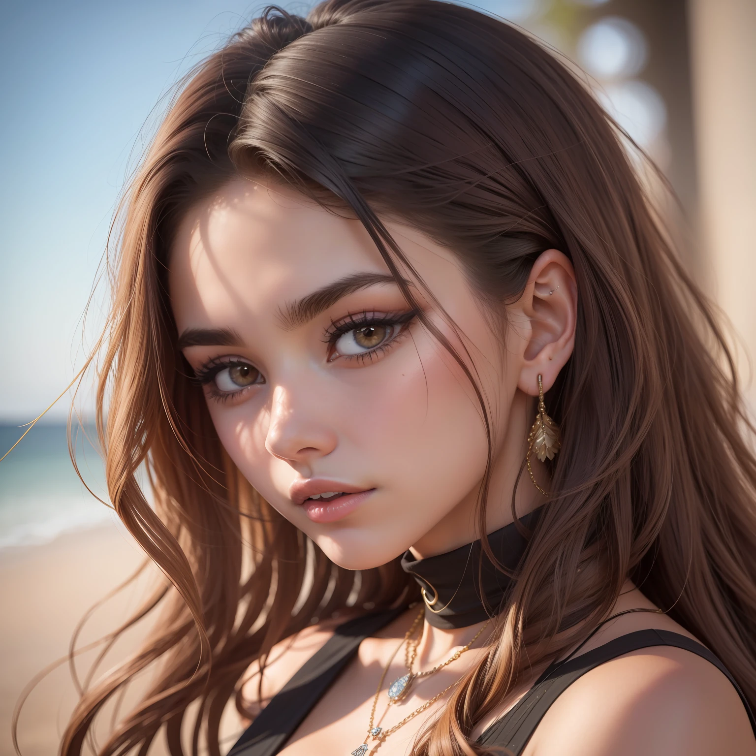 a close up of a woman with a necklace on her neck, Violeta Myers, Charli Bowater, Aykut Aydogdu, Christina Kritikou, julia sarda, Retrato Sophie Mudd, Mia califa, Retrato de Zendaya, close-upheadshot impressionante, Madison Beer Girl Retrato, 19-year-old girl, close-up headshot, Sara Ali, foto da mulher jovem