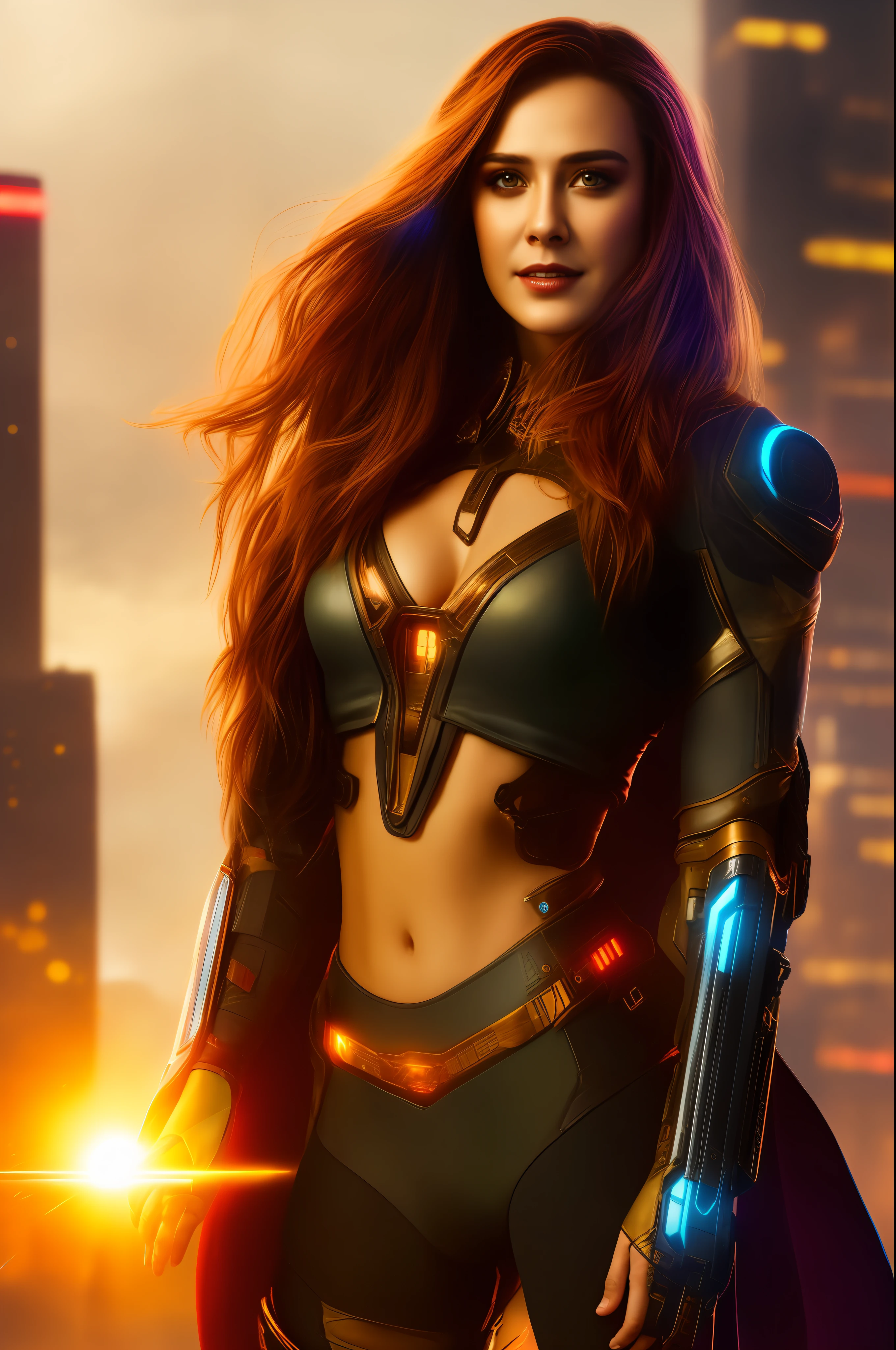 cyberpunk, model, HDR, beautiful, full body, sensual, illuminated face, smile, warrior, super heroine, underwear