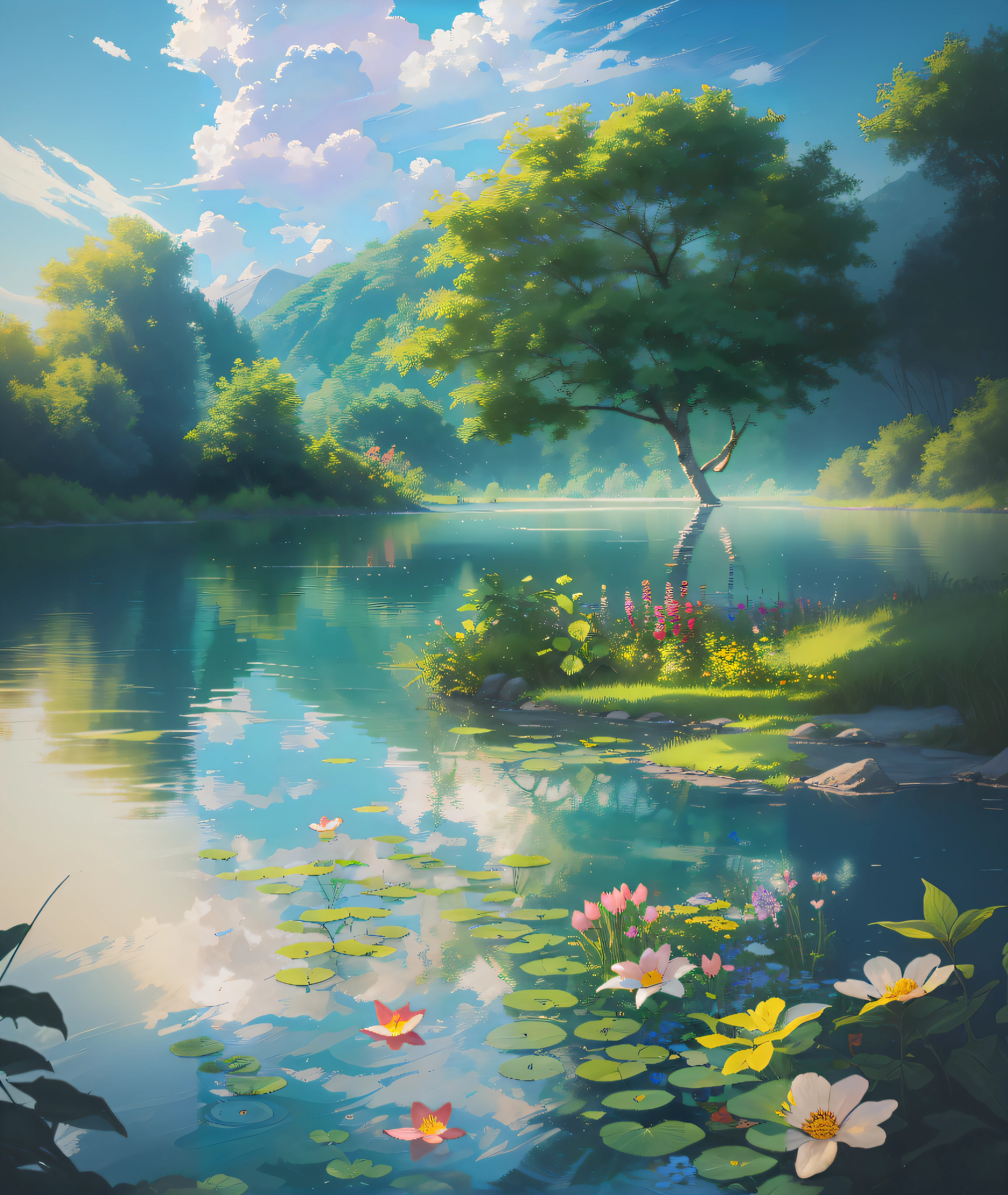 {best quality}, {masterpiece}, {ultra-detailed}, {8k}, Beside a tranquil lake, the azure water is calm and reflective, surrounded by lush trees and colorful flowers. Soft white clouds drift in the sky, and sunlight shimmers upon the lake's surface, casting warm rays of light. This scene evokes a sense of calmness, relaxation, and serenity, as if being embraced by nature's beauty