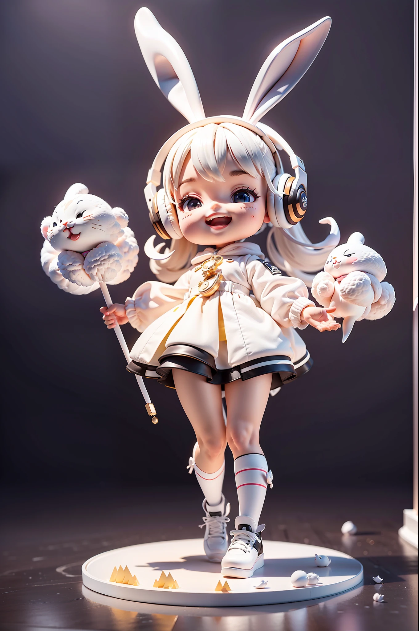 (Masterpiece), (Excellent), (Ultra Detailed), (Full Body: 1.2), (Solitary), White Theme, Bunny Magician, Cute, Open Mouth, Smile, Headphones, Popmart Blind Box, Clay Texture, Stepping on Earth, Black and White Background, Natural Light, Best Quality, Ultra Detail, 3D Art, C4D, OC Renderer, 3D Rendering, 8K