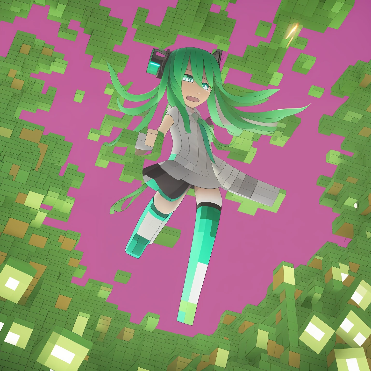 hatsune miku, minecraft, luz frontal, sorriso, salto