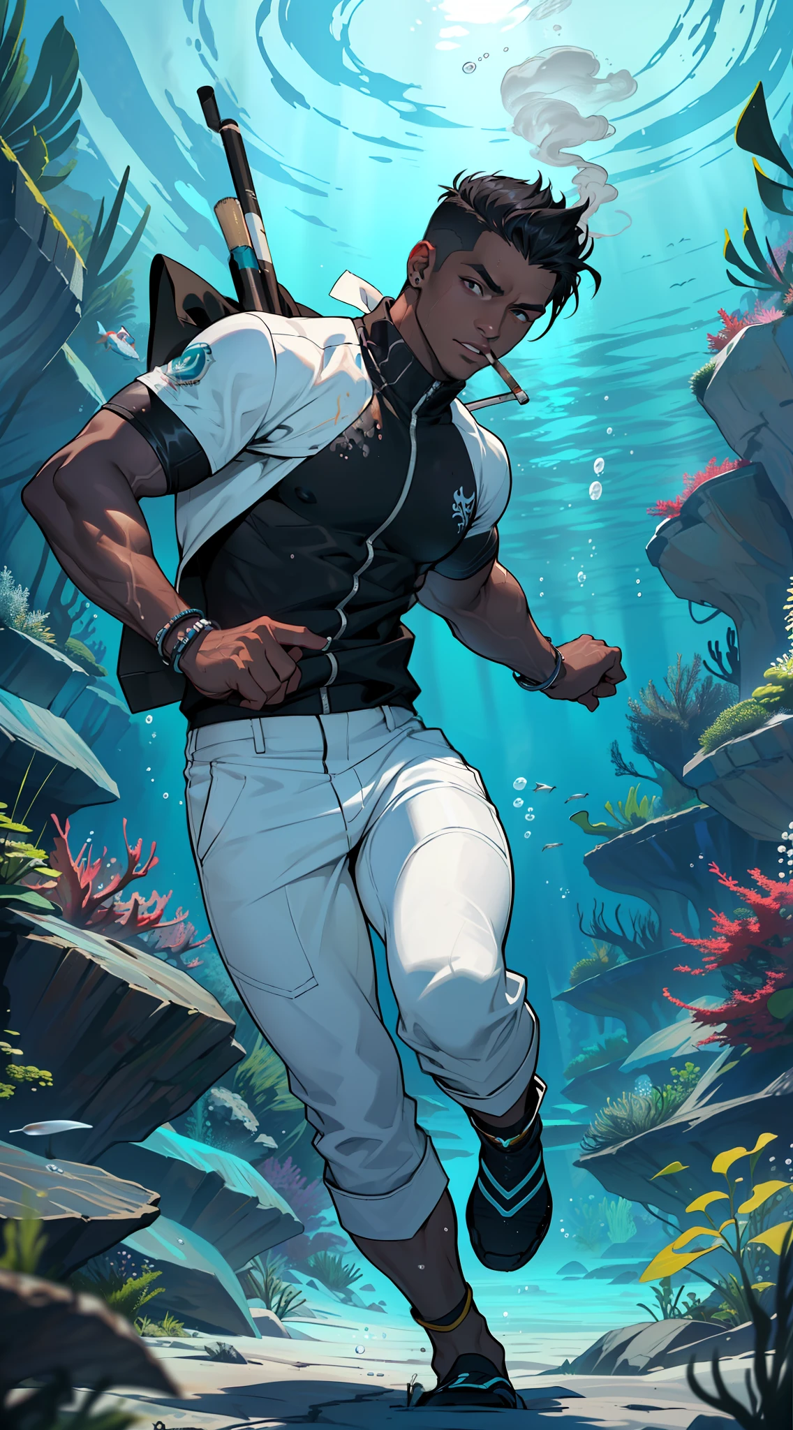 homem branco, (((vestindo SMOKING branco: 1.9))), ((Estilo: John Lee)), Comics, ultradetalista, detalhes, disco Rigido, 8k, (((sem mascara))), ((((cor da pele: preto)))), (((underwater: 1.4))), (NOITE: 1.8), na floresta, cena superior, (de cima: 2.2), panoramic photo, ((correndo, run: 1.7)), (ao lado de um golfinho rosa: 2.3), ((PEFIL: 1.9)), ((white pant: 2.4)), (((cabelo negro: 2.1)))