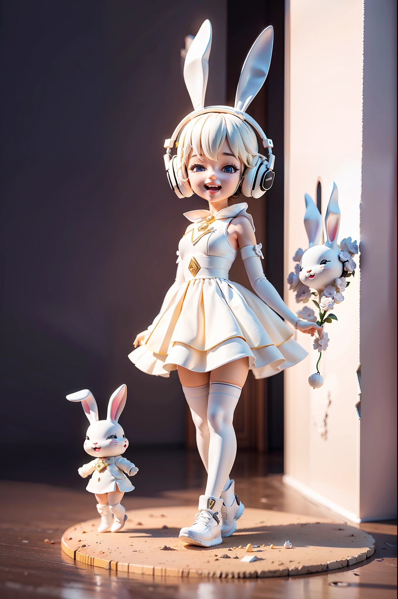 (Masterpiece), (Excellent), (Ultra Detailed), (Full Body: 1.2), (Solitary), White Theme, Bunny Magician, Cute, Open Mouth, Smile, Headphones, Popmart Blind Box, Clay Texture, Stepping on Earth, Black and White Background, Natural Light, Best Quality, Ultra Detail, 3D Art, C4D, OC Renderer, 3D Rendering, 8K