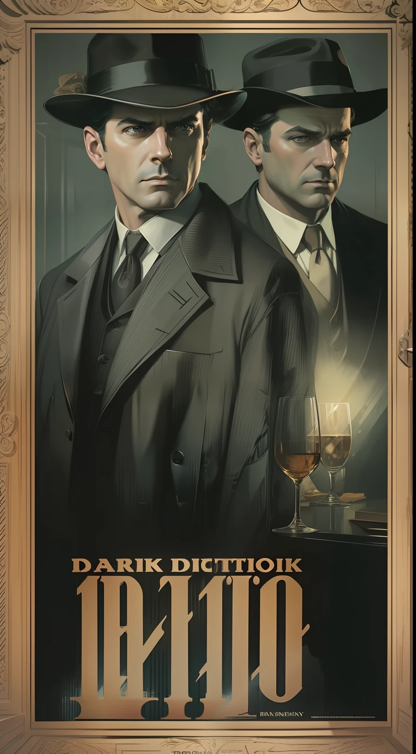 (masterpiece, best quality: 1.2), detailed face, (soft colors: 1.2, dark studio, rim lighting, two-tone lighting, poorly lit, discreet, ),
a poster for a 1930s detective film noir, (noir atmosphere:1), dark atmosphere, emphasis on noir colors,
the 1930s (/style/), a private detective sitting at the table and drinking whiskey in a private detective office and talking, man dressed in detective costume,
trend in ArtStation, trend in CGSociety, Intricate, High Detail, dramatic painting art, photorealistic by midjourney and greg rutkowski,