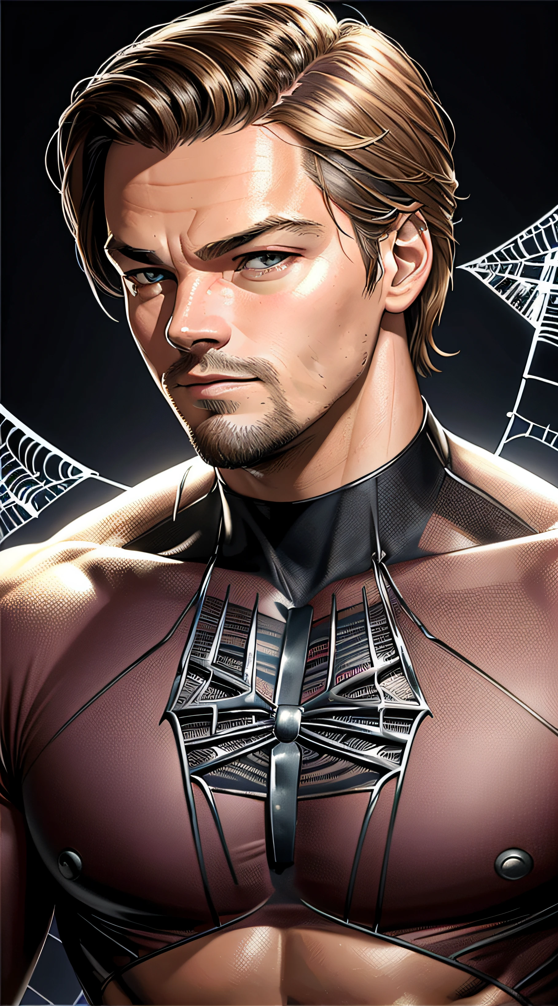 (Arte digital premiada: 1.3) por (esquete: 1.3),(Energetic:1.3), Leonardo DiCaprio placeholder image,CGSetnation,art-station,(saturado:1.3),(Close portrait:1.3),(macho:1.4),(Handsome:1.4 ), (atraente: 1.3), Handsome, Calendar pose, olhos perfeitamente detalhados, studio lighting, Spider web themed background --auto