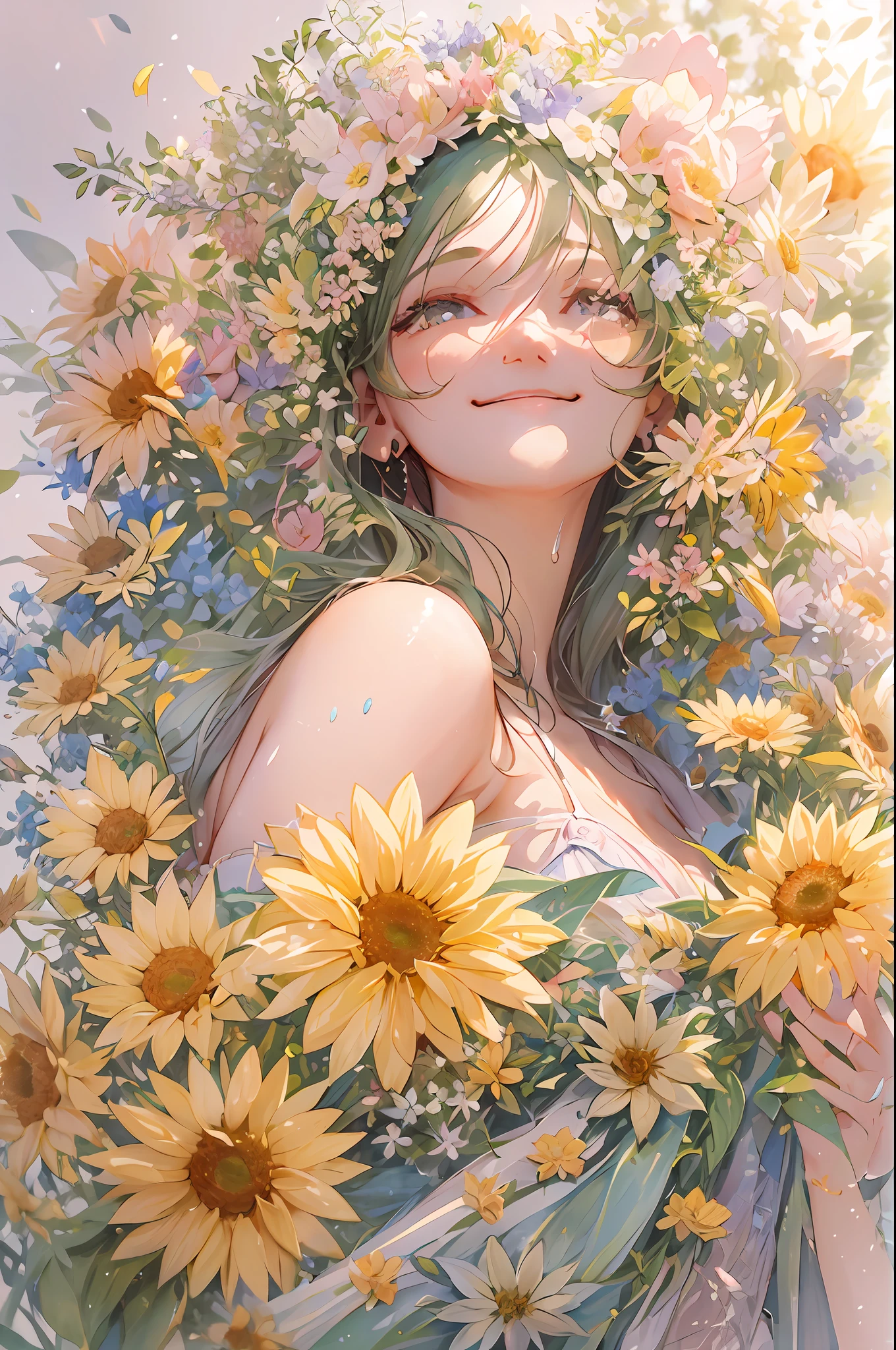Best smile,A shower of flowers with outstretched arms is pouring down. A happy moment surrounded by many beautiful flowers. My body is covered with flowers.Fine brush, rough, detailed watercolor, soft and fantastic, pastel, fluffy, (extremely fine and beautiful), (perfect details)、(pastel color),Soft texture:1.2,Gaze from above.(Mastepiece, Best Quality), (finely detailed beautiful eye), (finely detailed eyes and detailed face), (Scenery), (Ultra-detailed, Best Shadow), ((depth offield)