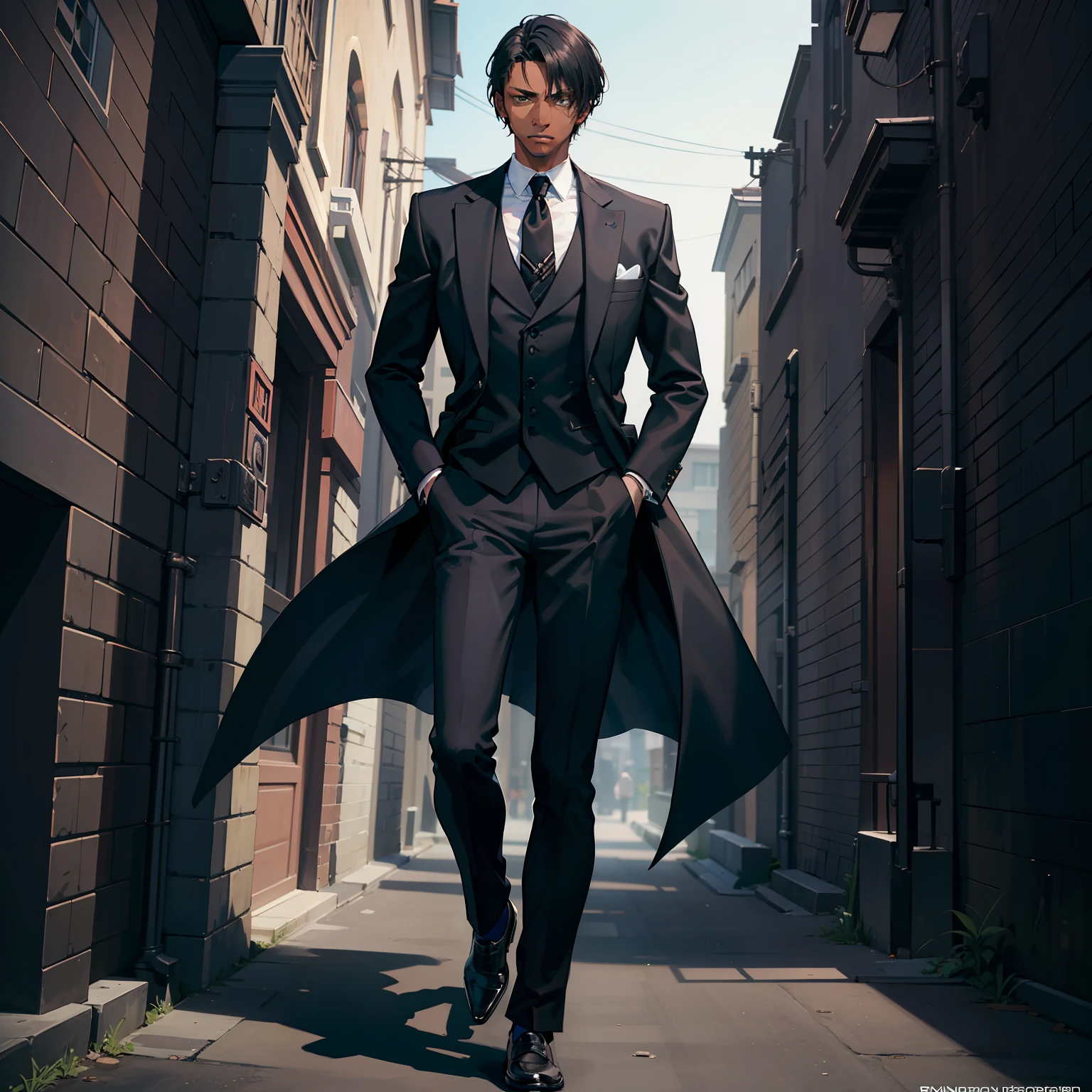 a masterpiece, 1 male, young adult, dark skin, short, low hair, dark eyes, detailed face, good shape, photorealistic, britanic, wearing black suit with tie, with long black coat, hands in the pocket, legs crossed, epic stance, good looks, serious face, gray backdrop, looking to the front