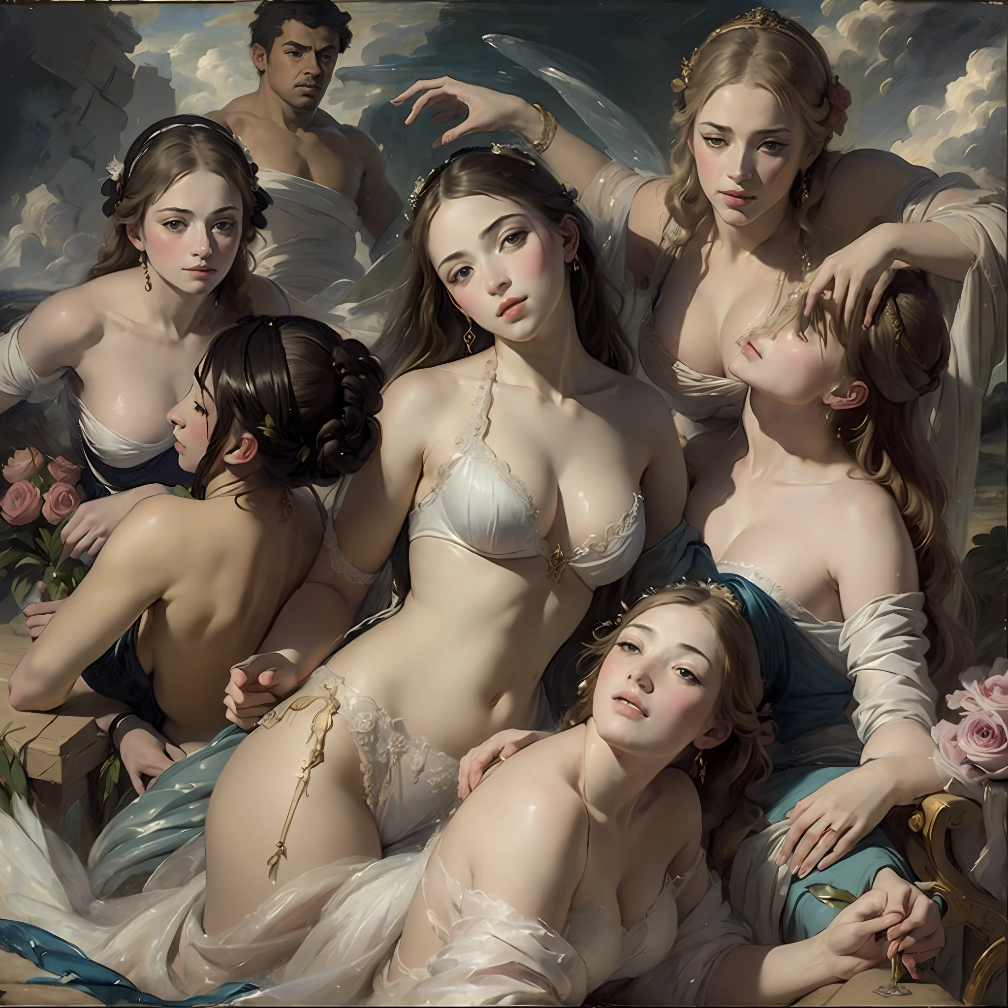 (masterpiece, high-quality), hyper-realism, Caravaggio-style, 8k Renaissance oil painting masterpiece, The Birth of Venus (1879) by William-Adolphe Bouguereau style, Baroque aesthetics, Venus de Botticelli, demons and angels, renaissance art style. (style: The_Rap_of_the_Daughters_of_Leucippus_de_Peter_Paul_Rubens.),(style: Godfrey_Kneller_em_1689.),high resolution,painterly, Baroque style, chiaroscuro, dynamic composition, dramatic lighting, rich colors, detailed texture, divine expression, religious scene, floating scene, beautfield little peach people, clean color --s3