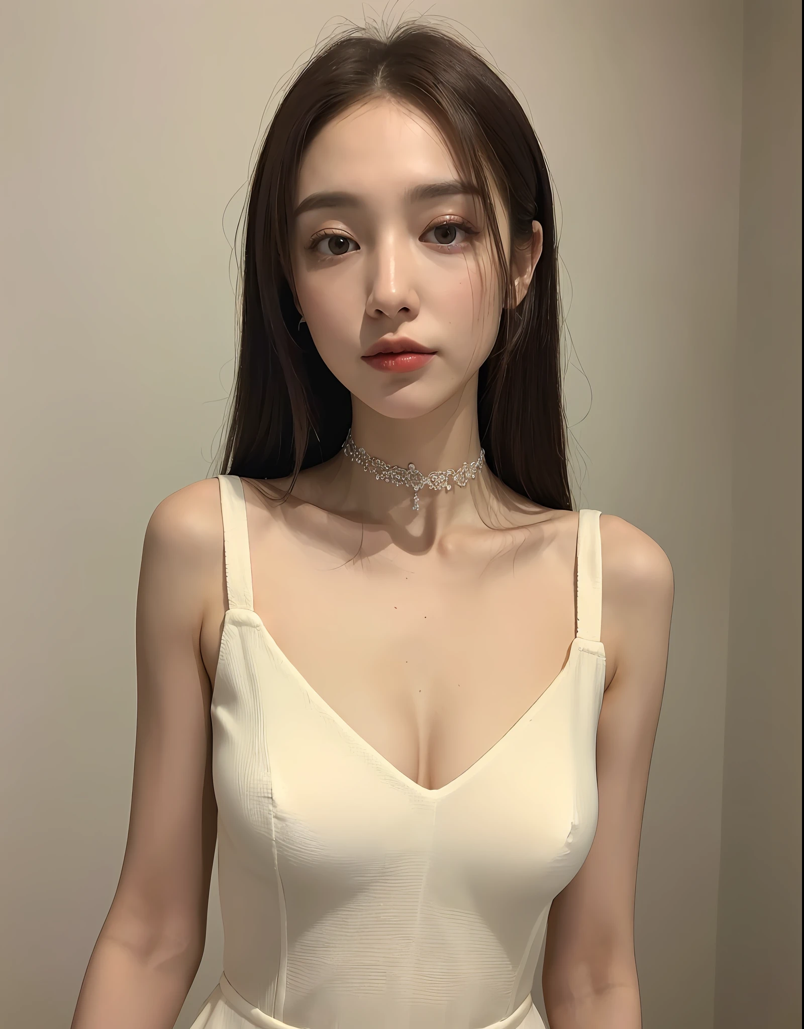 ((Midnight, Best Quality, 8k, Masterpiece :1.3)), Full Body, Long Legs, Sharp Focus : 1.2, Pretty Woman with Perfect Figure: 1.4, Slender Abs: 1.1, ((Dark Brown Hair, Big:1.2)), (Short Torso, {{{Very Long Legs}}}, {{{Very Thin Waist}, {Very Small ????}, {{Very ????????????? Gathered}},
 {{{Different Clavicles}}},
{{{White skin}}}, {{{Light brown hair}}},
{{{Tiny head}}},{{25 years old}}}, {{{Waistshot}, {{{Emotionless face}, {Viewer}, {{????? Height View}}}, {White Tube Micro Mini Dress}, {{{Body Conscious Dress}}, {{{Sleeveless dress with cleavage fully exposed, neckline plummeting}}, Thin white choker), (( Bedroom at night)), highly detailed face and skin texture, detailed eyes, double eyelids