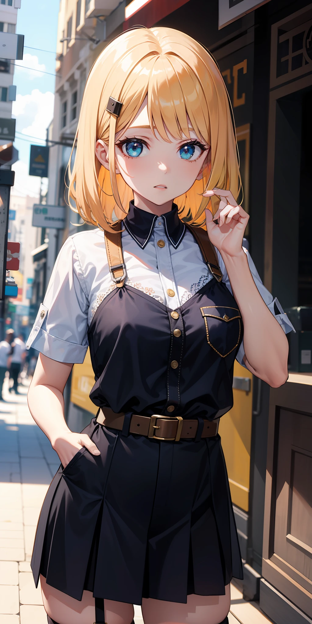master part, best quality, alto, clearire2, 1girl, sister cleaire, soio, cabelos longos, roupas abertas, black skirt, Meias pretas, mangas compridas, chest harness, jaqueta aberta, camisa preta, dois lados para cima, jaqueta de sobretudo preta, franja, topo de corte, minissaia, belt, kalap, O-Anel, diafragma, cabelos castanhos claros, olhos amarelos, fora do ombro, seios grandes, thigh strap, saia plissada, Eye suspenders, olhos castanhos, Camisa cropped, Rua, WMASK, stand, hand in pocket,