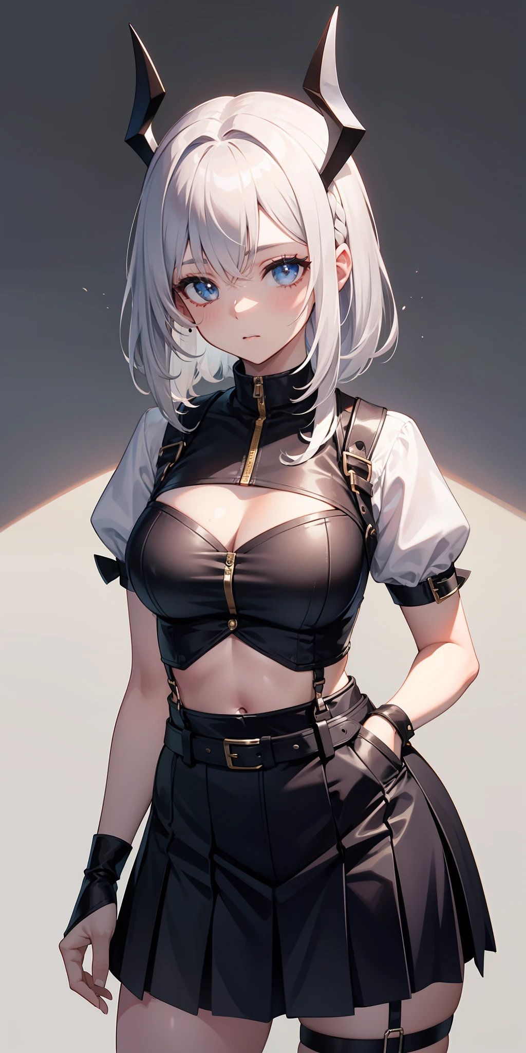 master part, best quality, alto, clearire2, 1girl, sister cleaire, soio, cabelos longos, roupas abertas, black skirt, Meias pretas, mangas compridas, chest harness, jaqueta aberta, camisa preta, dois lados para cima, jaqueta de sobretudo preta, franja, topo de corte, minissaia, belt, kalap, O-Anel, diafragma, cabelos castanhos claros, olhos amarelos, fora do ombro, seios grandes, thigh strap, saia plissada, Eye suspenders, olhos castanhos, Camisa cropped, Rua, WMASK, stand, hand in pocket,