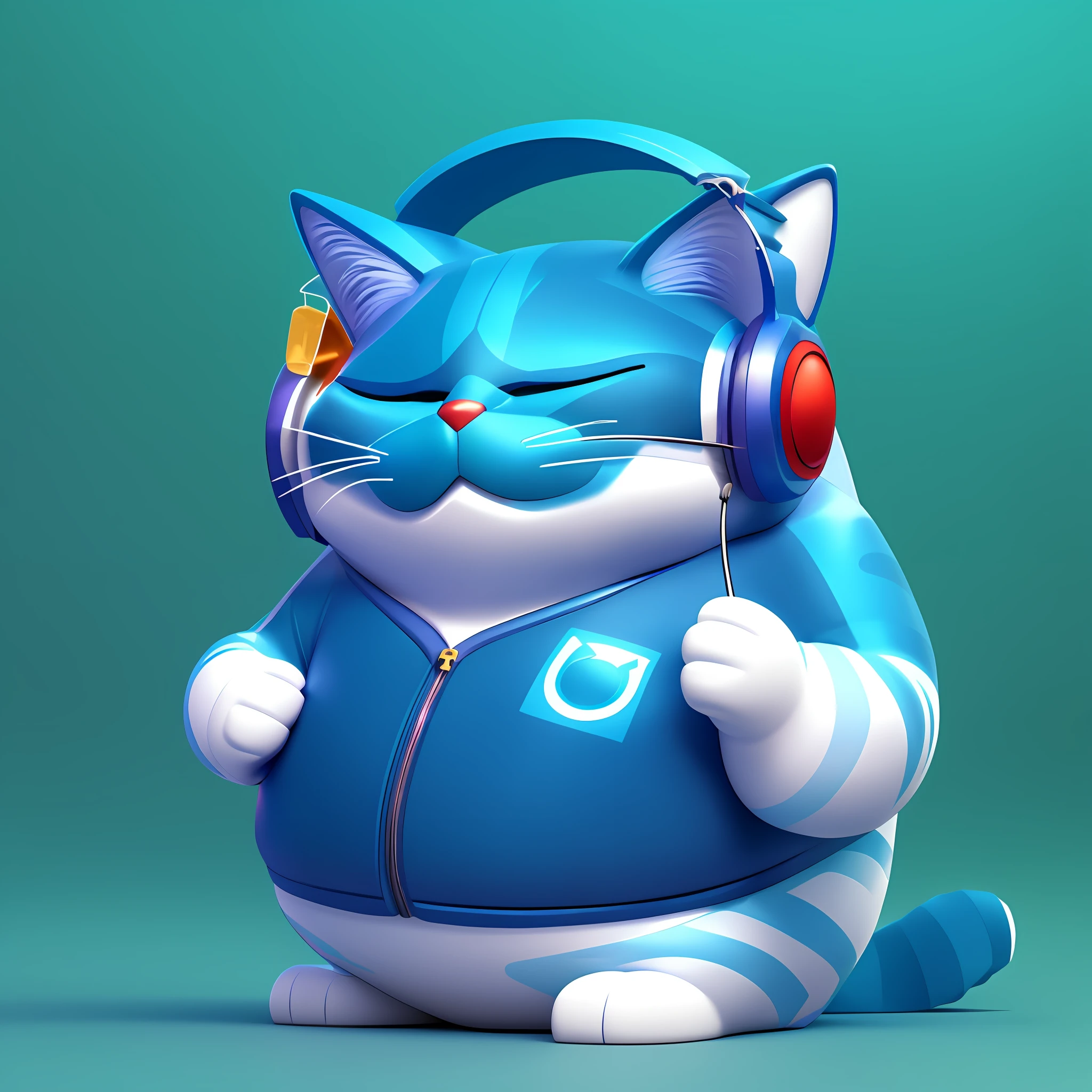 gato dos desenhos animados com fones de ouvido e uma jaqueta azul, bonito 3 d render, painting digital adorable, smooth 3d CG rendering, 3 d render stylized, 3d model of a Japanese mascot, gato gordo, renderizado em cinema 4 d, renderizado no liquidificador, renderizado em cinema4d, bela arte digital, Pescador! c4d, fat cat superhero, Gato Anime