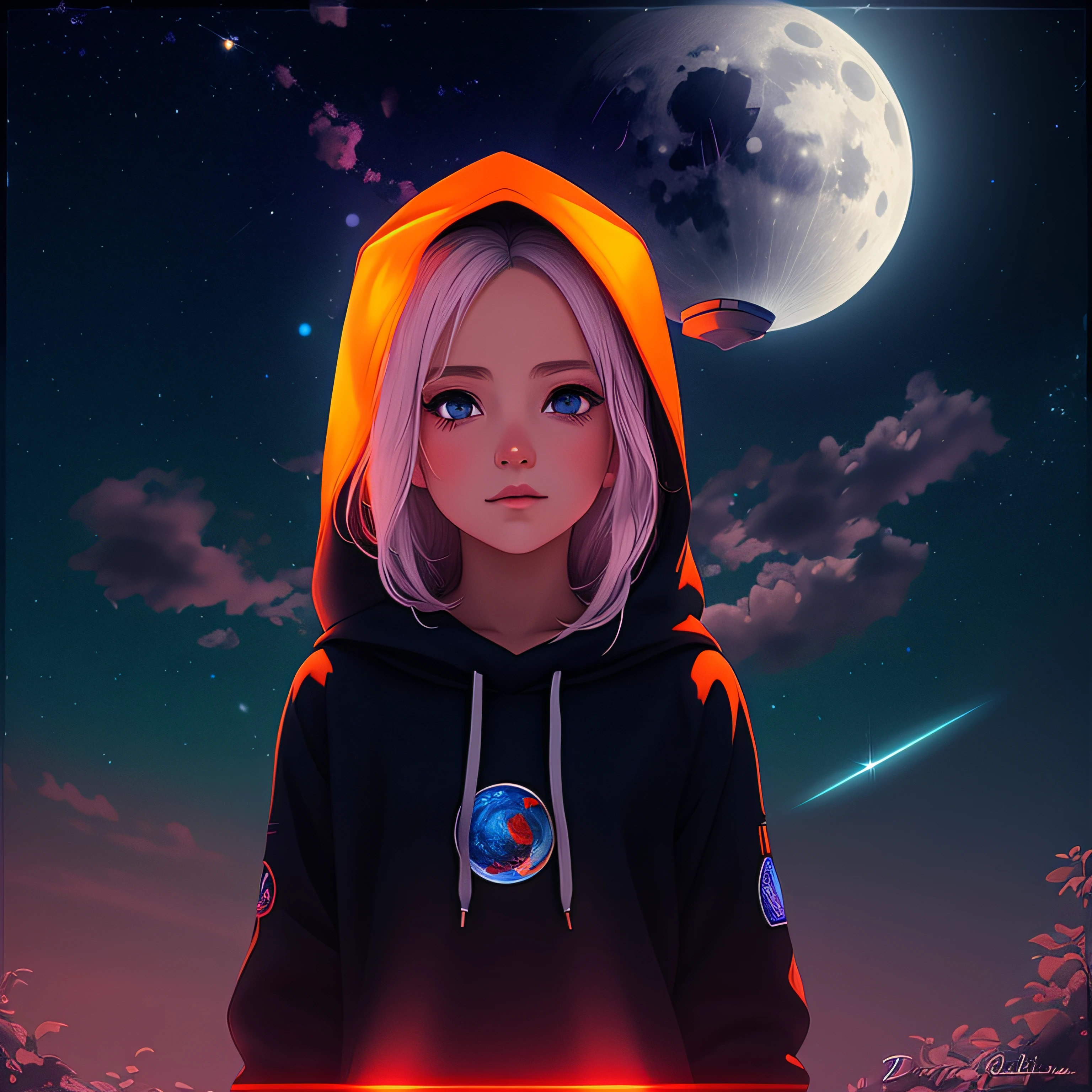 There is a girl with a hood and a full moon in the background, Garota de anime cyberpunk com capuz, anime estilo 3d, bela arte digital, menina vestindo capuz, Beeple e Jeremias Ketner, arte digital detalhada bonito, stunning digital illustration, com capuz, Estilo anime 3D realista, portrait anime space cadet girl, arte digital estilo anime, girl in space, bald head,