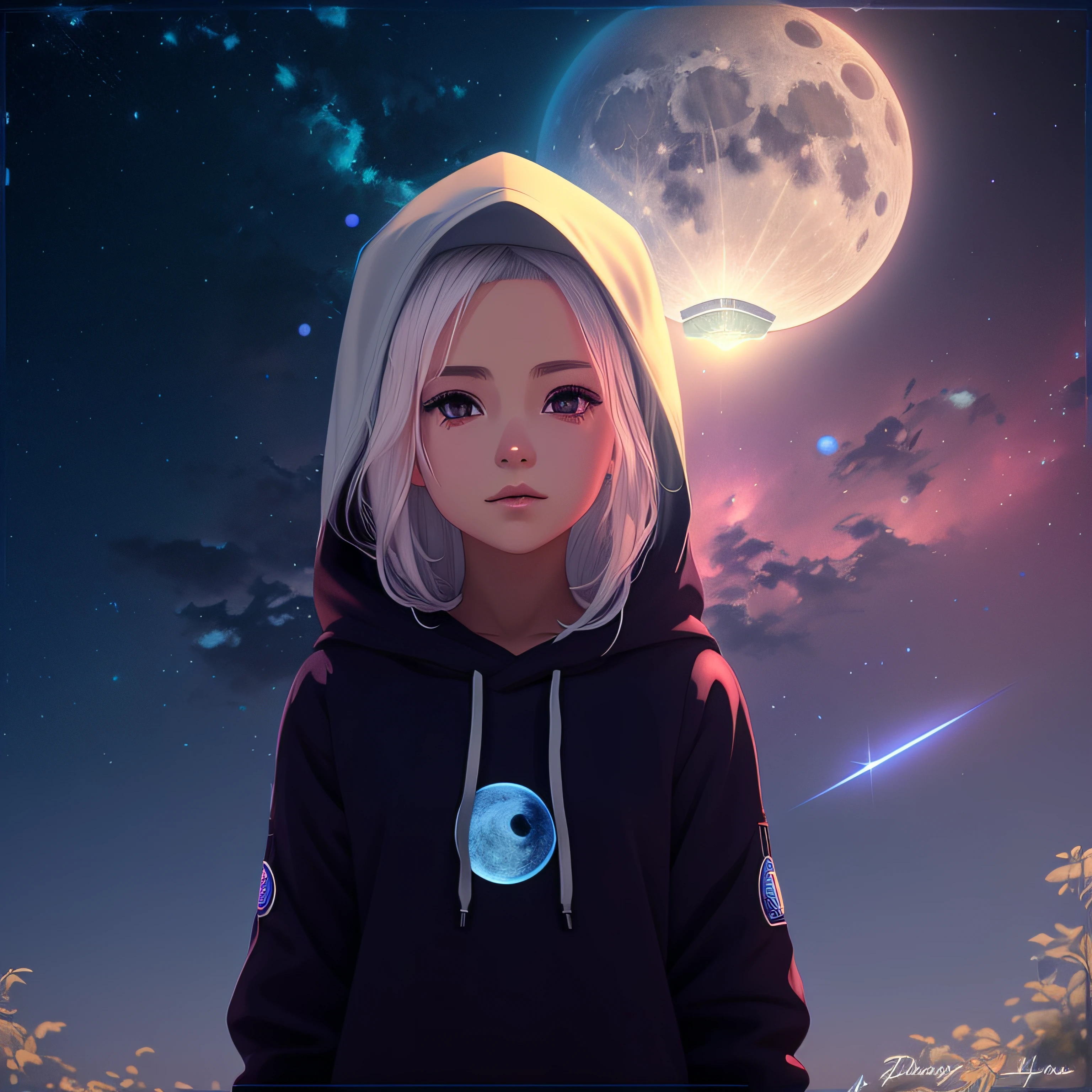 There is a girl with a hood and a full moon in the background, Garota de anime cyberpunk com capuz, anime estilo 3d, bela arte digital, menina vestindo capuz, Beeple e Jeremias Ketner, arte digital detalhada bonito, stunning digital illustration, com capuz, Estilo anime 3D realista, portrait anime space cadet girl, arte digital estilo anime, girl in space, bald head,