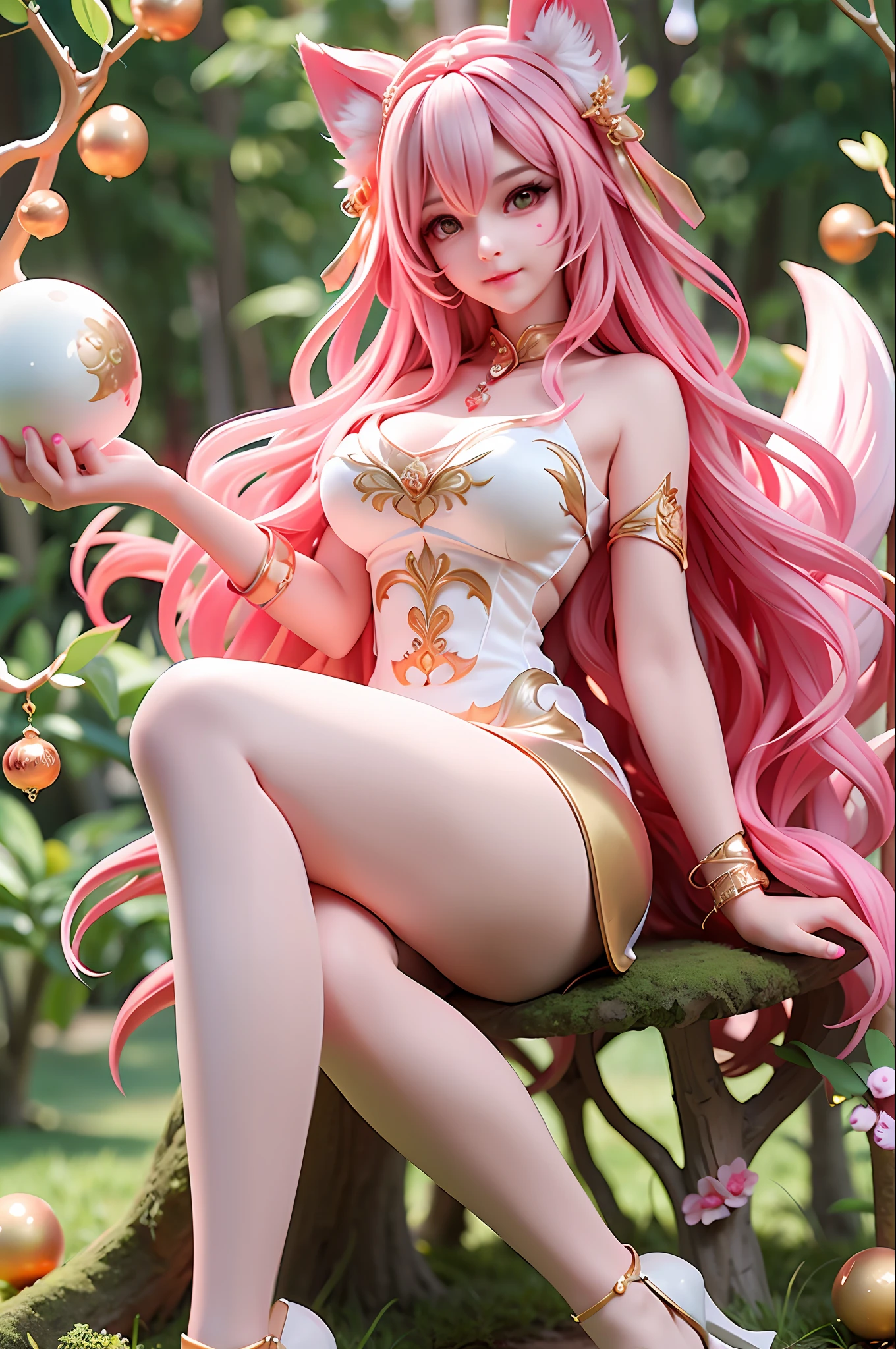 face illuminated，Bright backlight，Love background，超高分辨率，best qualtiy，photore，4K，（realisticlying：1.2）， 1个Giant Breast Girl，adolable，roleplaying，ahri（league of legend），Sit on a branch，Crossed legs，with hands resting on knees，Naughty，looking at viewert，（mediuml breasts：1.1），Nine tails，Long ears，Green eyes，（longwavy hair：1.2），White and gold tiara，Red and gold cheongsam dress，（thighs high socks：1.3），red high heel pumps，Red and gold bracelet，In the moonlit forest，Hold the glowing sphere，