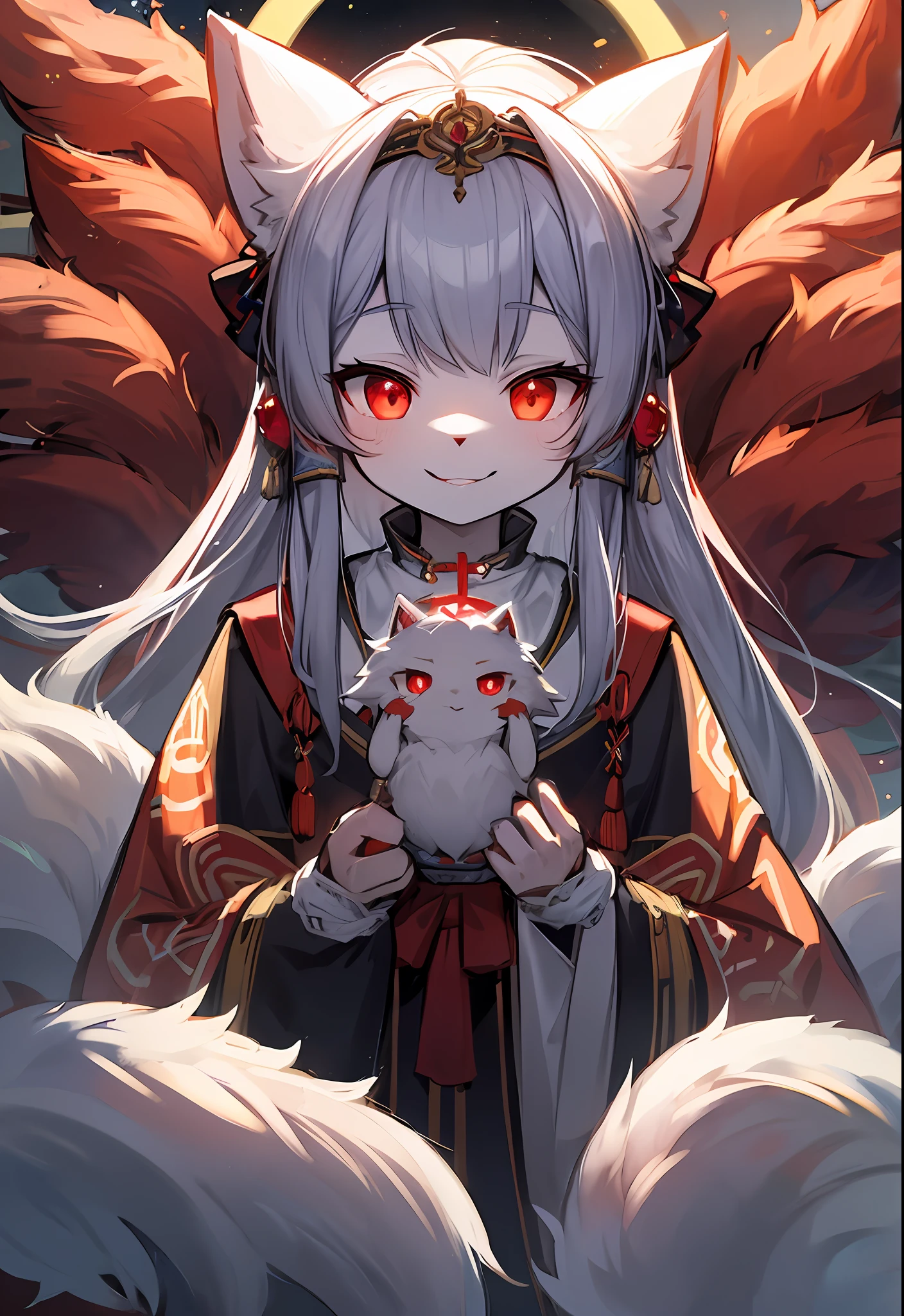 a furry、White Fox Girl、Glowing red eyes、9 tails、Lustrous smile、Japan priestess uniform