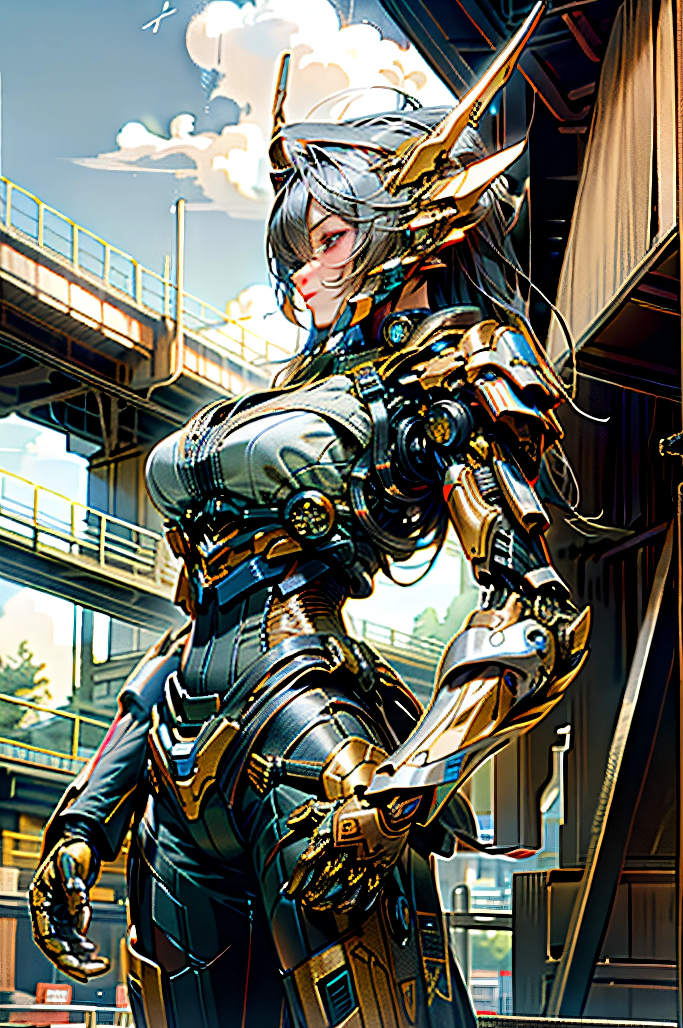 (Realistic: 1.2), (Realistic: 1.2), Masterpiece, Best Quality, Ultra Detailed, Very Detailed Illustration, Very Detailed, Intricate Detail, High Resolution, Super Intricate Detail, Very Detailed 8k CG Wallpaper, (Neon: 1.2), (Fiber Optic Body: 1.2), (Realistic Metallic Glow), Cowboy Lens, Caustics, Reflections, Ray Tracing, Devil Theme, Nebula, Dark Halo, Network Effects, (1 girl: 1.4), solo, alone, mecha wood sumui, mechanical parts, robot joints, single robotic arm, headdress, mechanical halo, star halo, complex mechanical tights, mecha corset, kimono, fully armored, very long hair, gray hair, hair between eyes, multicolored hair, colored inner hair, red eyes, glowing eyes, eye tracks, random expressions, random movements, ancient Japanese architecture, ponds, starry sky, skyline, ((sexy, big breasts, big breasts, huge tits, low cut))